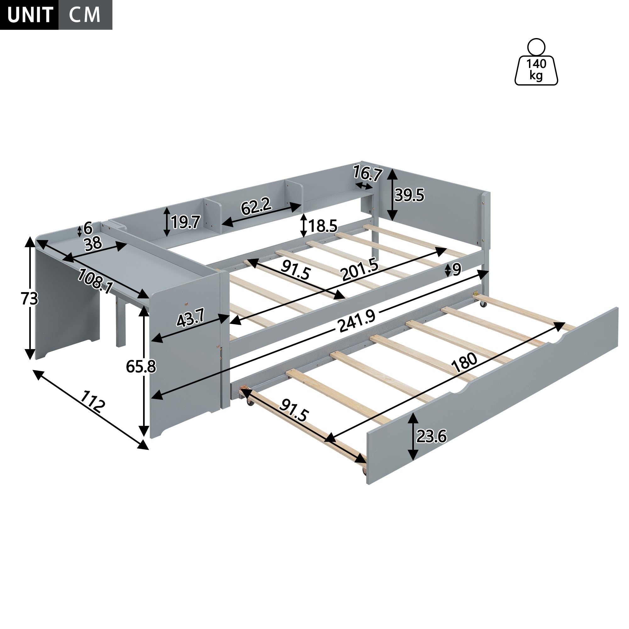 Bed 90x200cm Pull-out Desk 3 Side Shelves - Grey