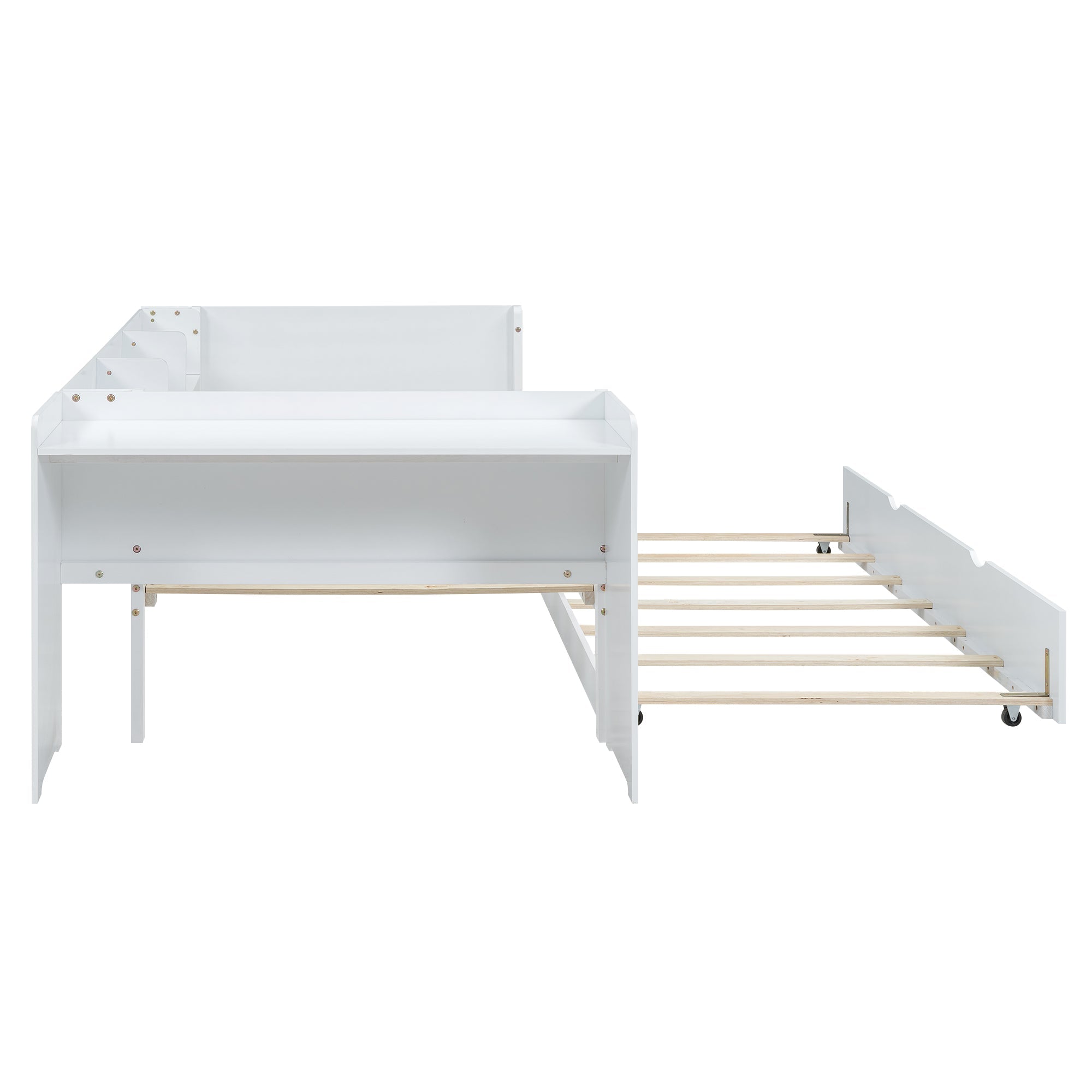 Flat Bed 90x200cm Pull-Out Bed with Desk & 3 Shelves - White