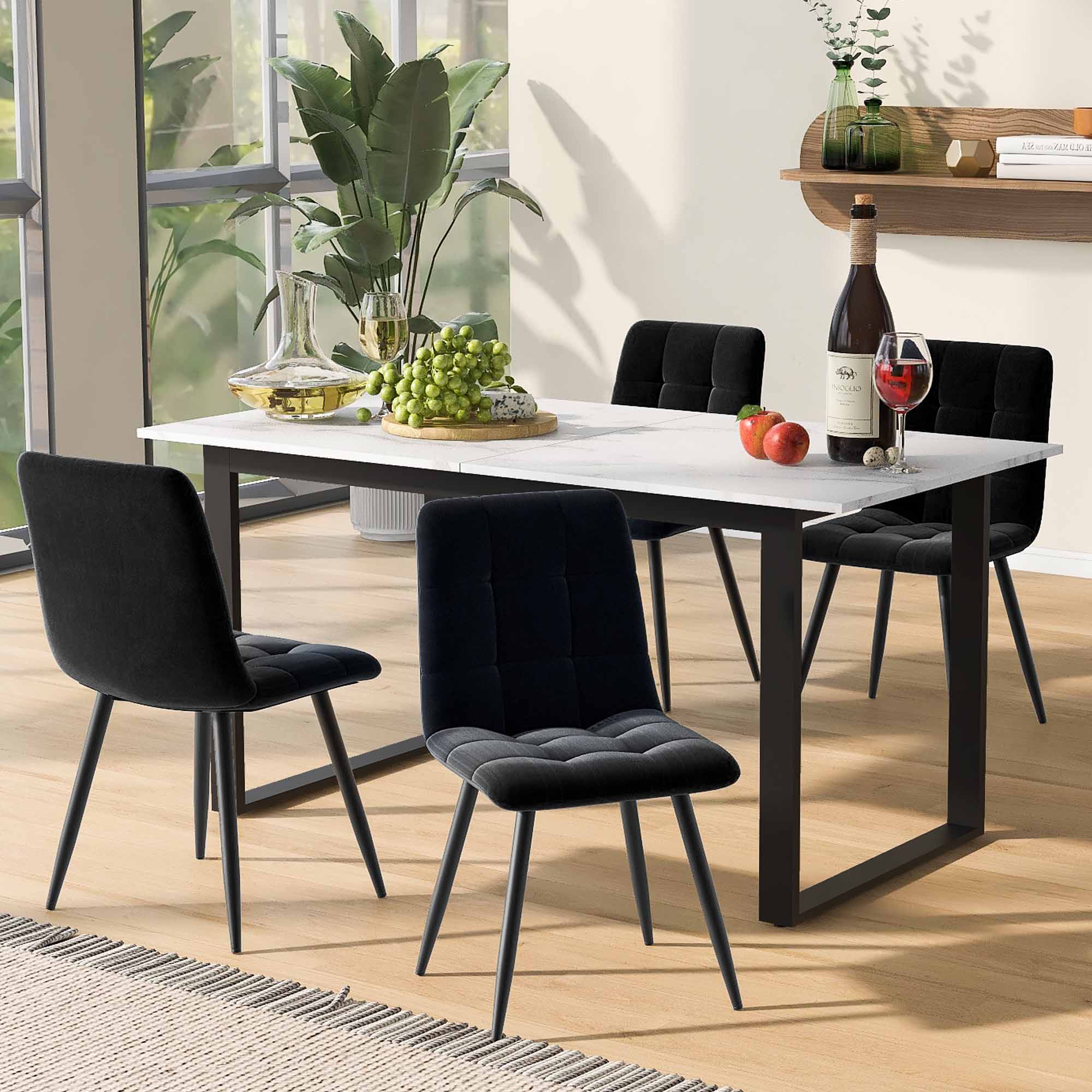 Dining Table Telescopic, 140/180x80x75cm with Iron & Square Tube Legs, White MDF with Marble Pattern