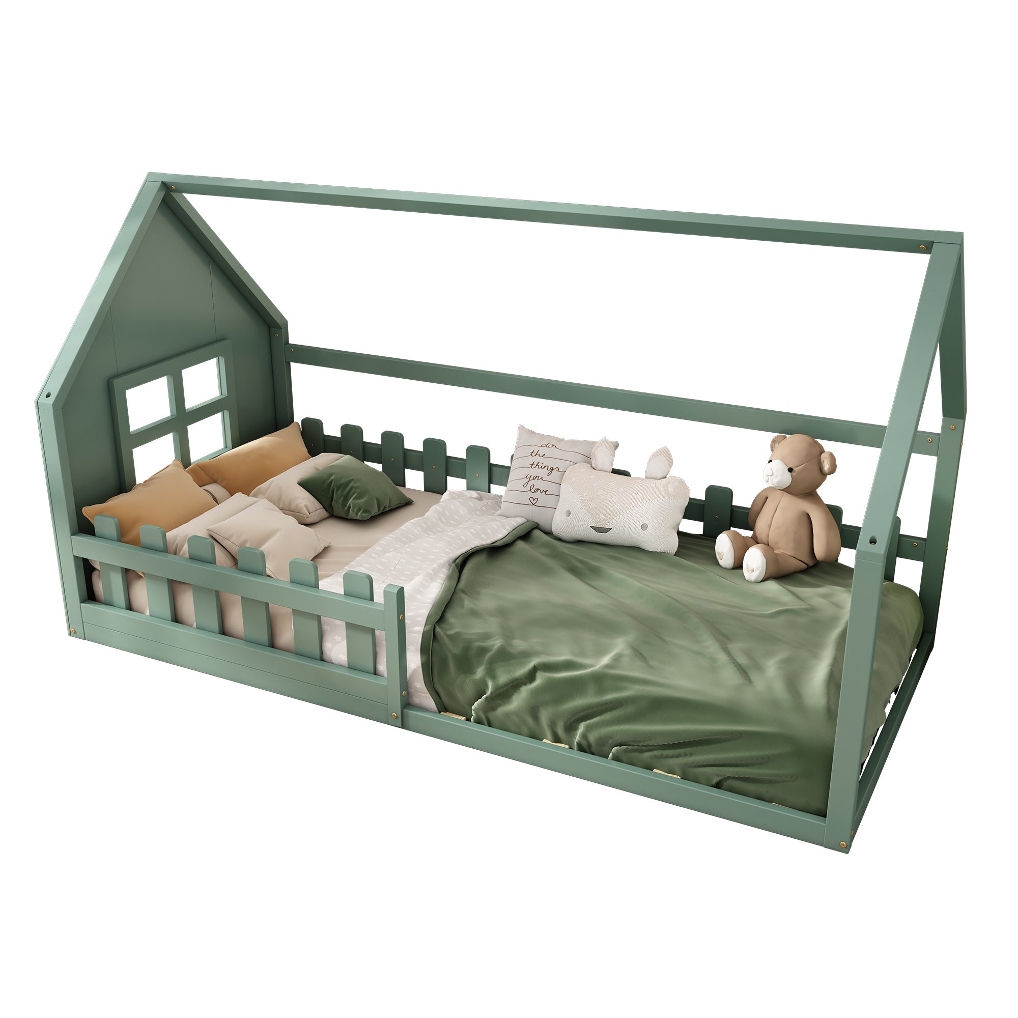 Children's Flat Bed 90x200cm House Rail - Green