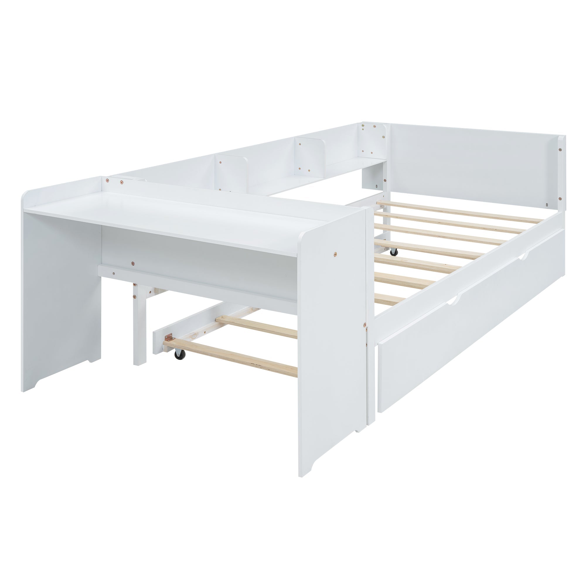 Flat Bed 90x200cm Pull-Out Bed with Desk & 3 Shelves - White