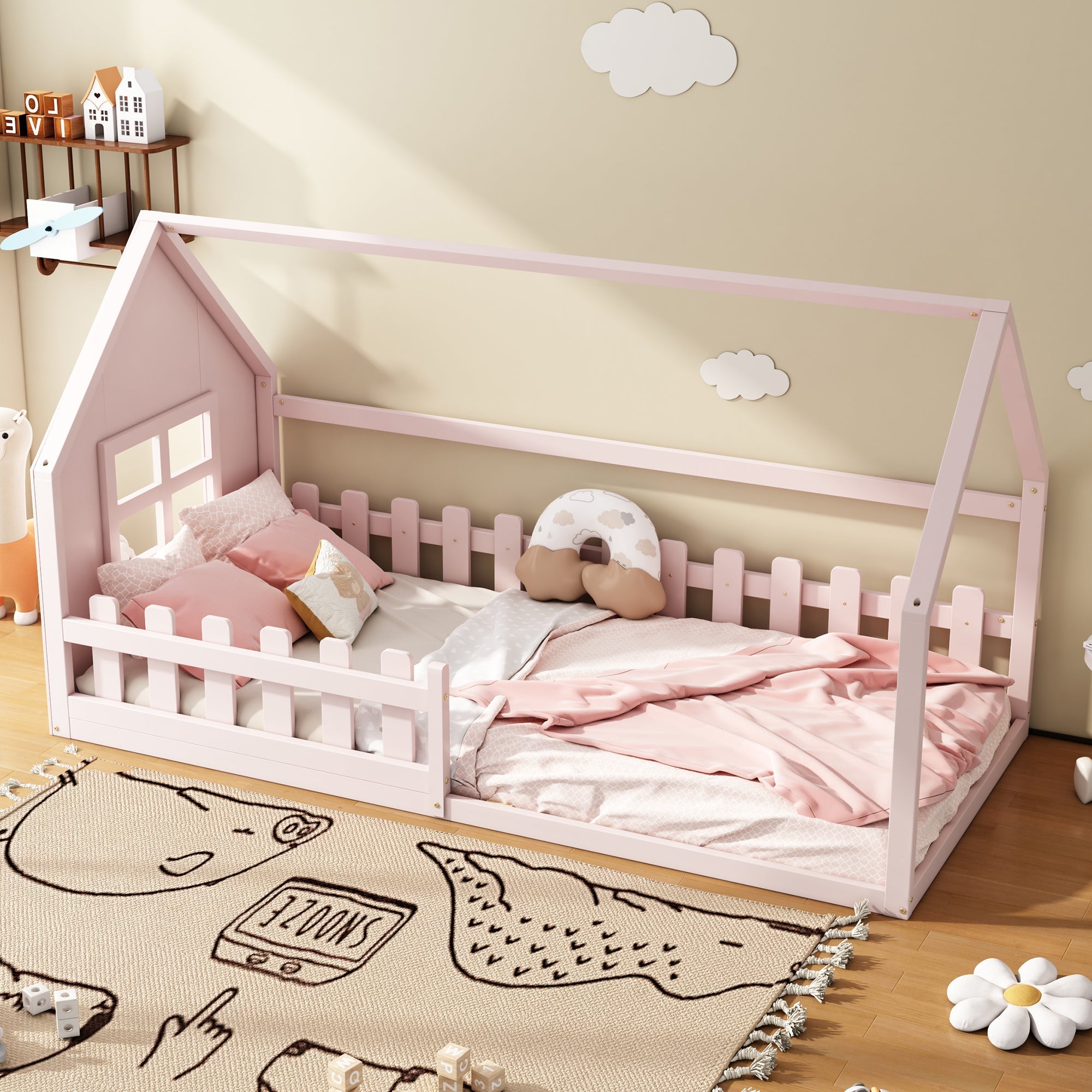 Children's Bed 90x200cm Flat Bed House Rail - Pink