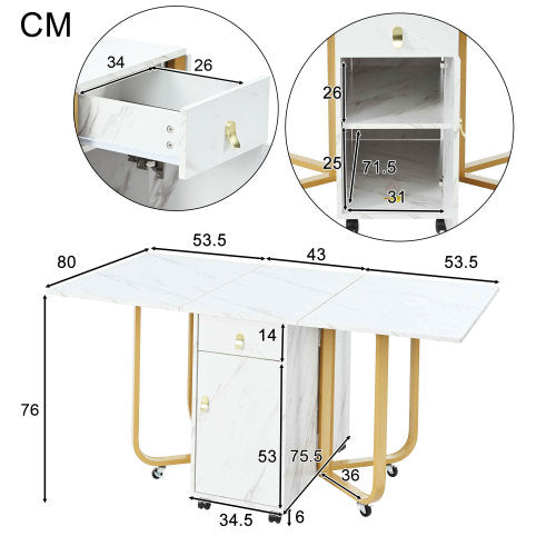 Folding Dining Table with Cupboard & 2 Drawers, Space-Saving Kitchen Utility Table, White/Gold