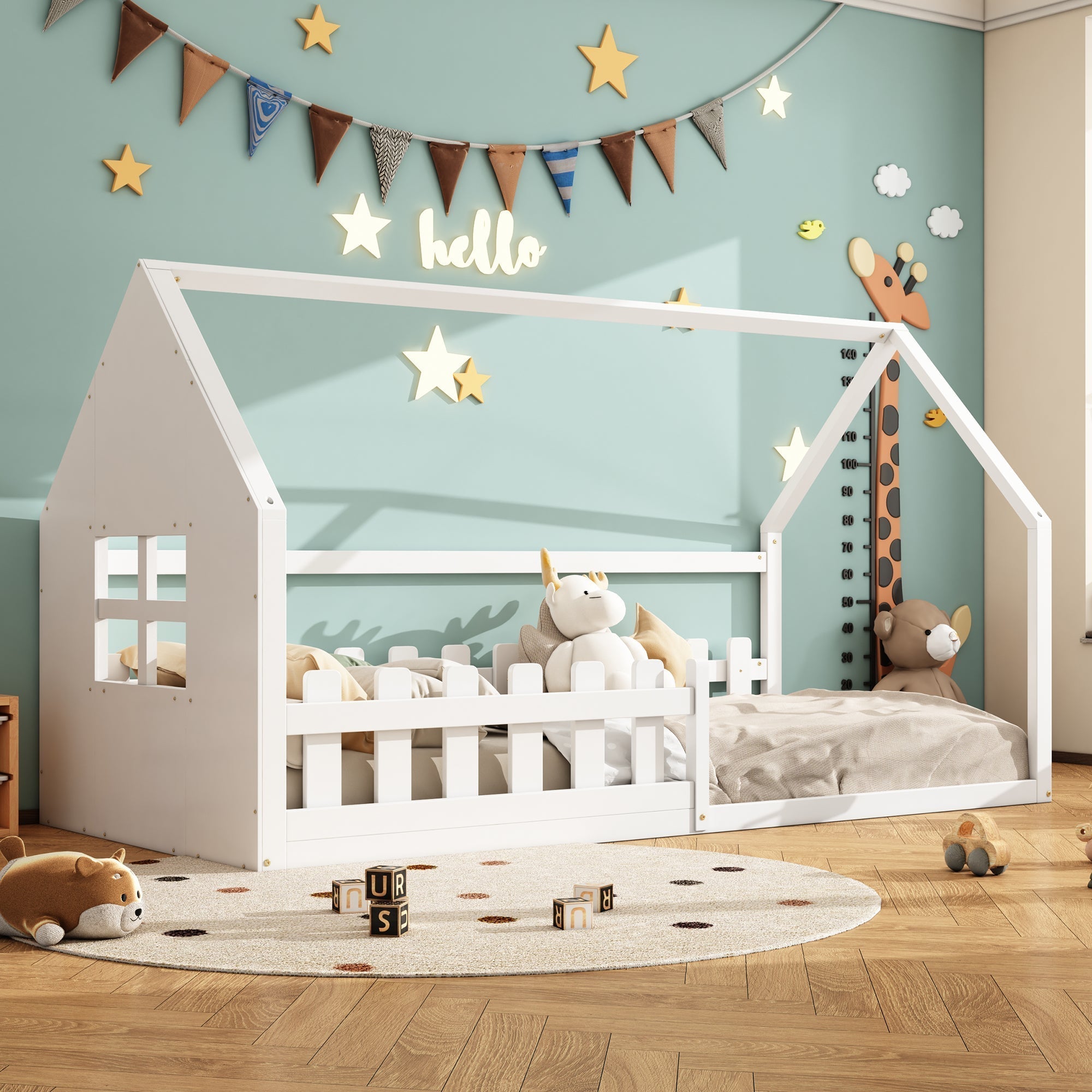Children's Flat Bed 90x200cm House Rail - White
