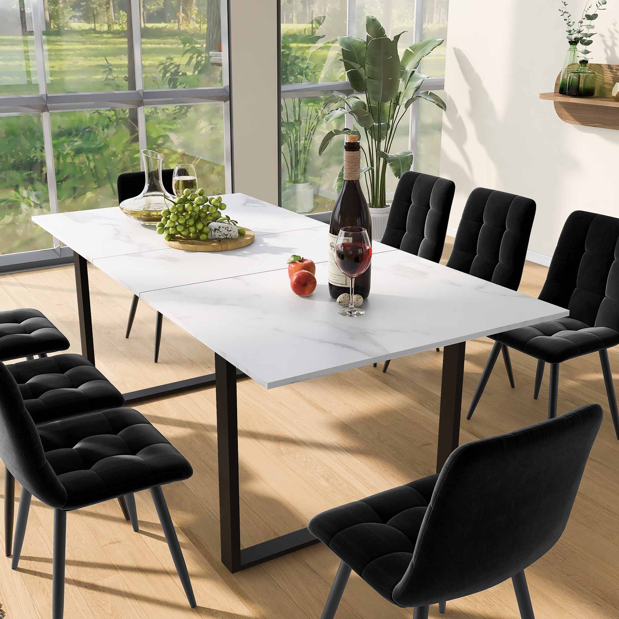 Dining Table Telescopic, 140/180x80x75cm with Iron & Square Tube Legs, White MDF with Marble Pattern