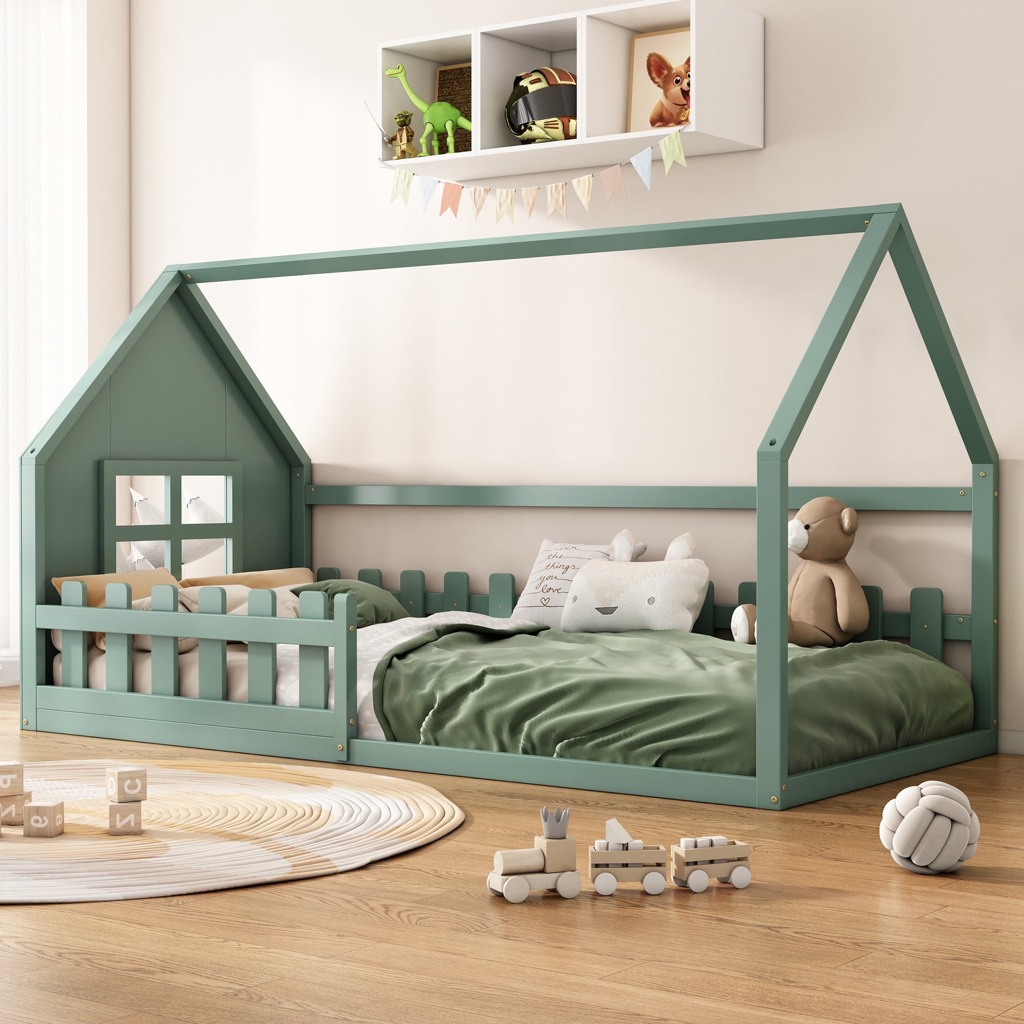 Children's Flat Bed 90x200cm House Rail - Green