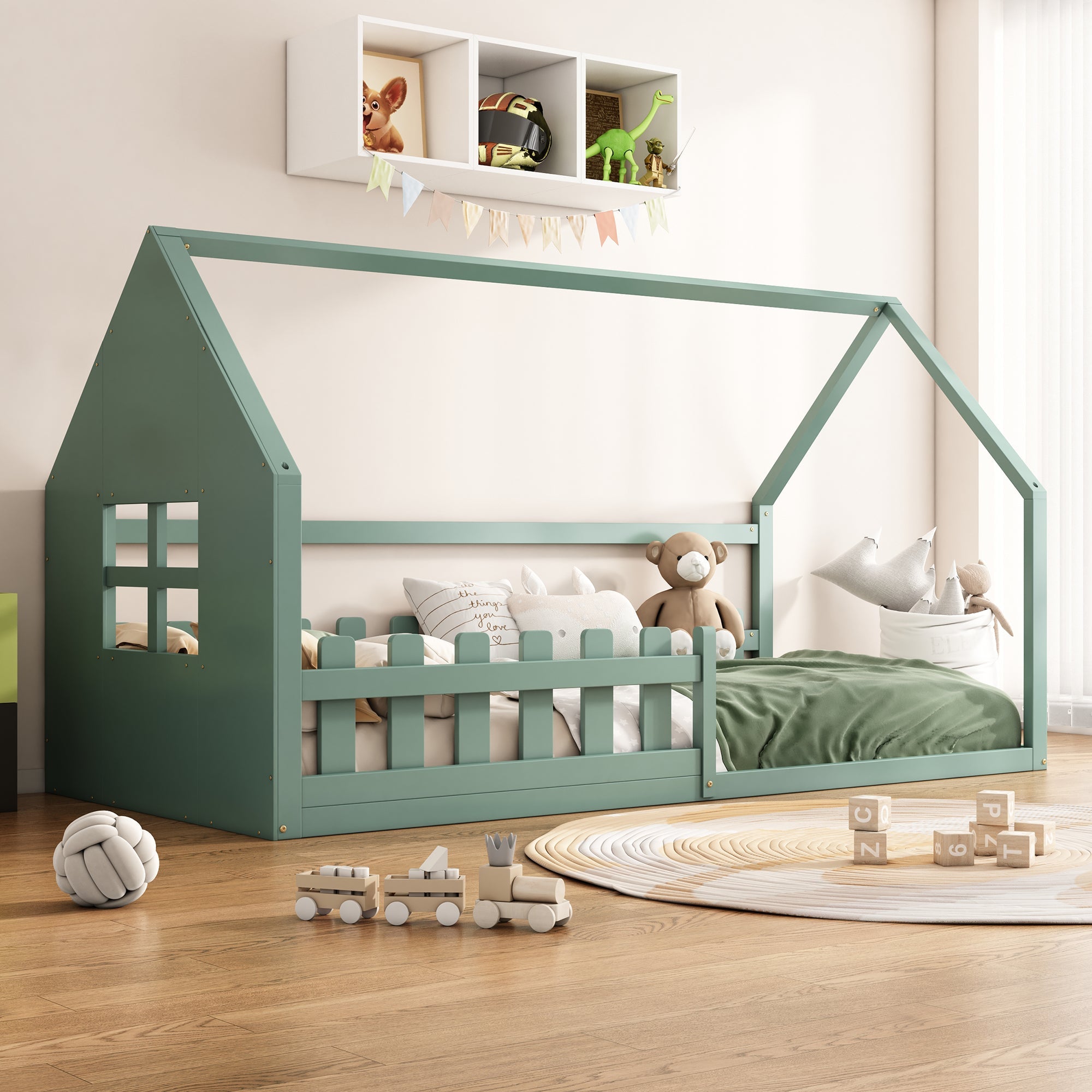 Children's Flat Bed 90x200cm House Rail - Green