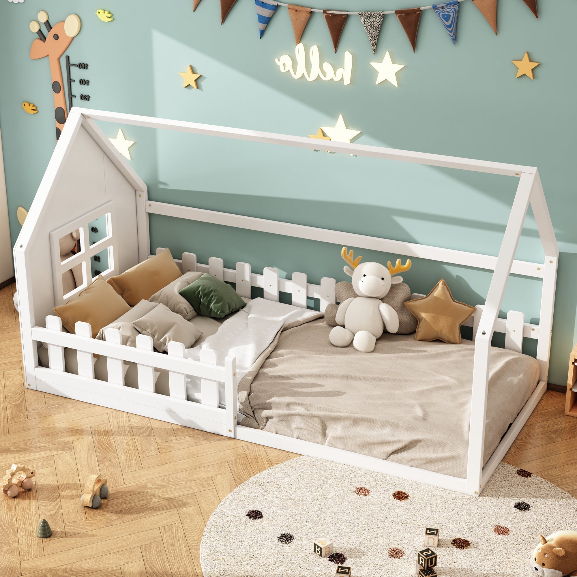 Children's Flat Bed 90x200cm House Rail - White