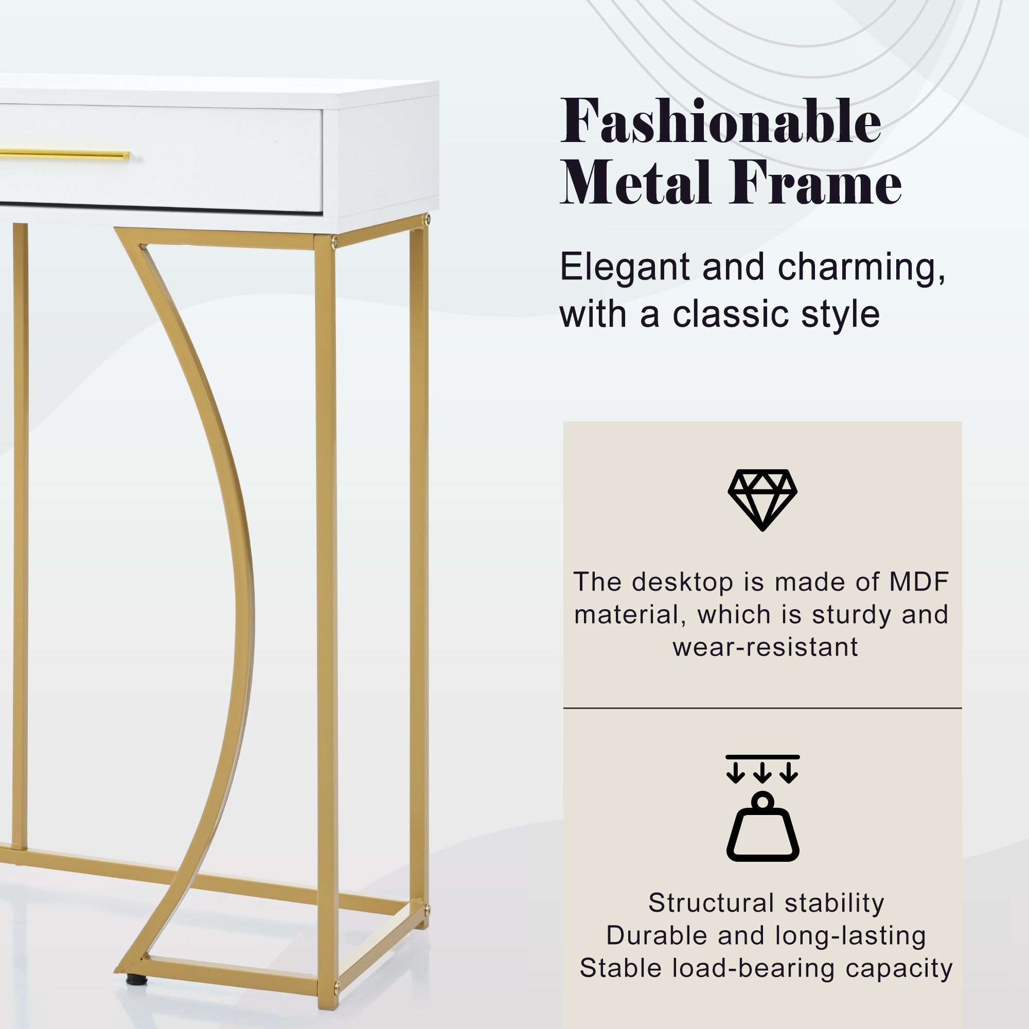 Console Table with 2 Drawers, Light Luxury Style Hallway Side Table, White/Gold