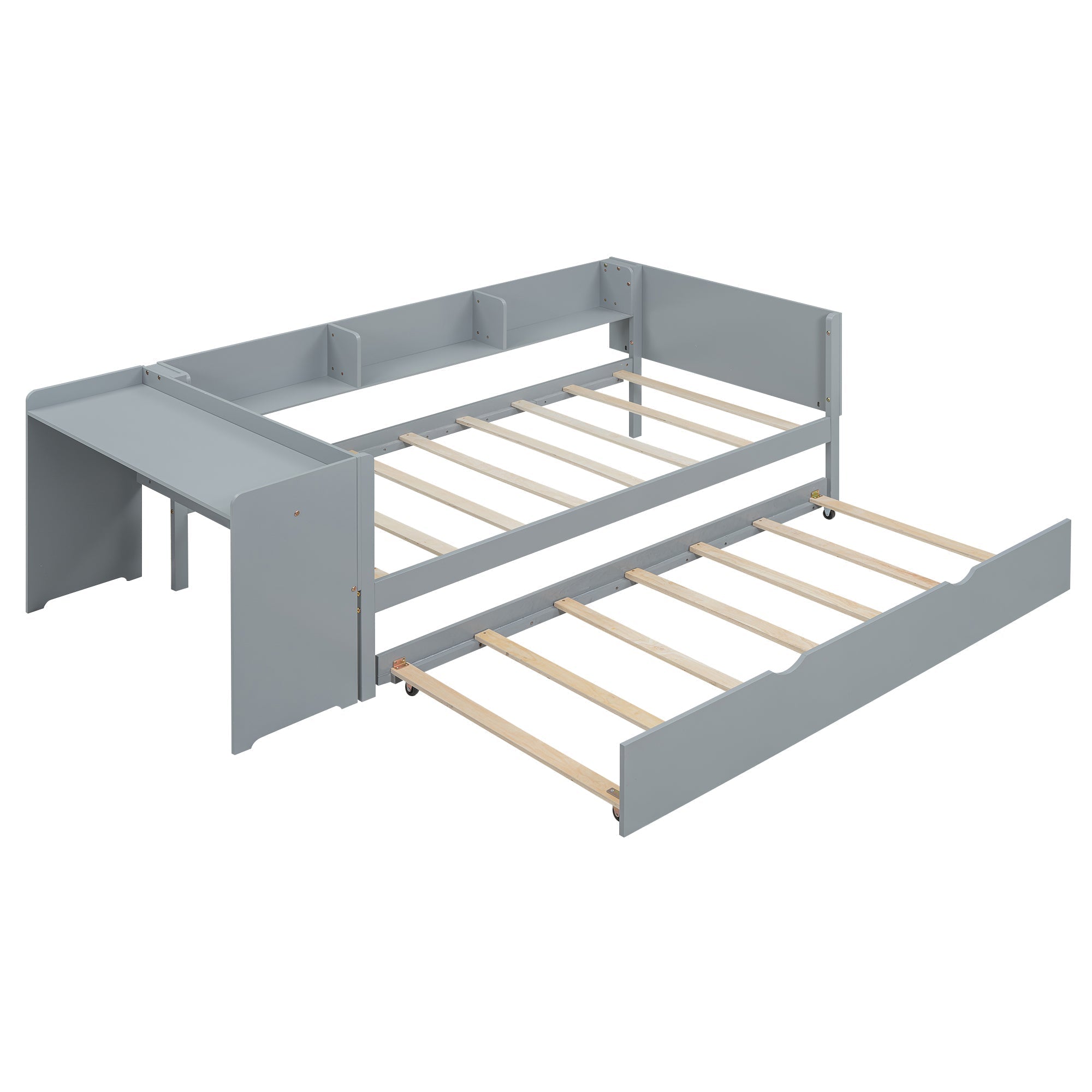 Bed 90x200cm Pull-out Desk 3 Side Shelves - Grey