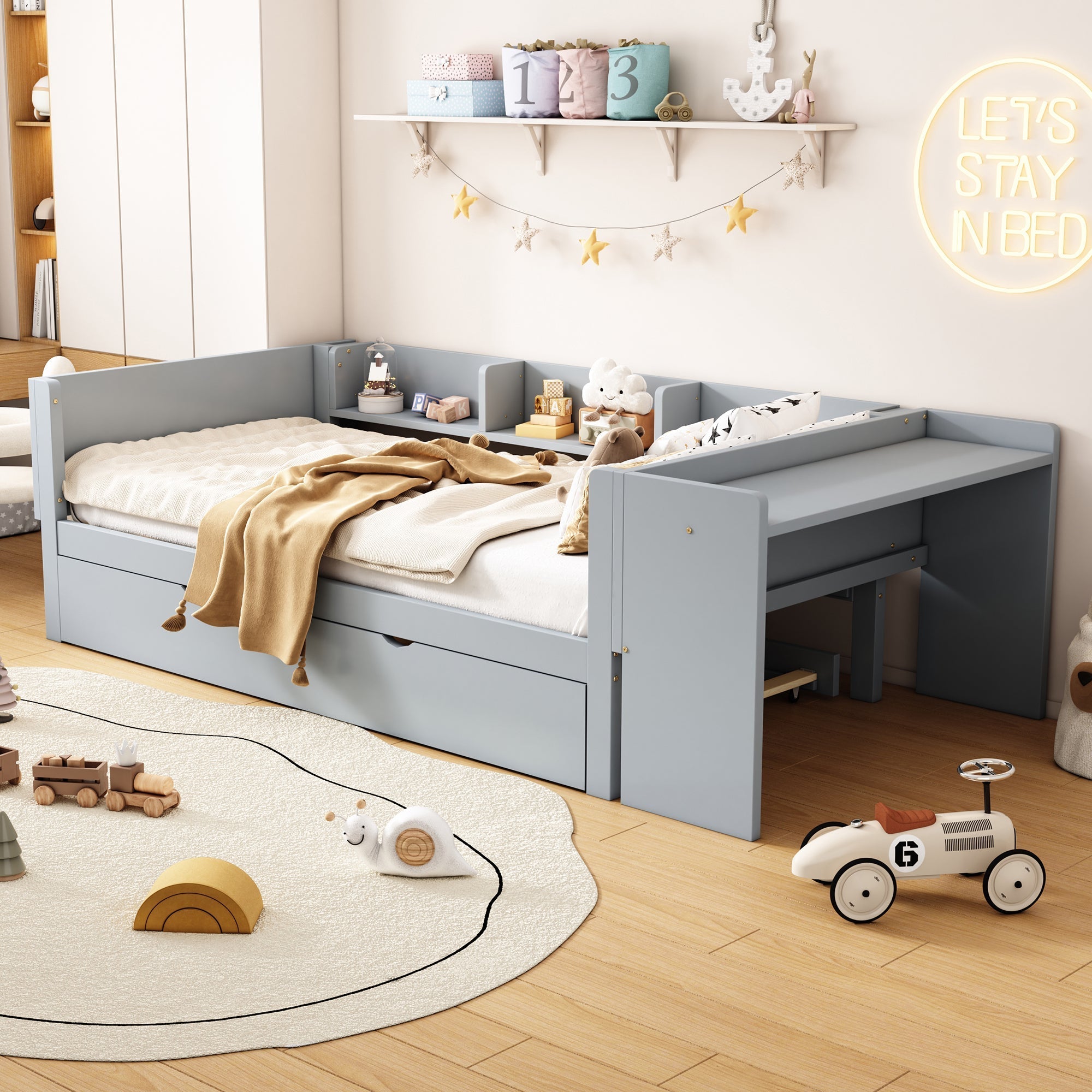 Bed 90x200cm Pull-out Desk 3 Side Shelves - Grey