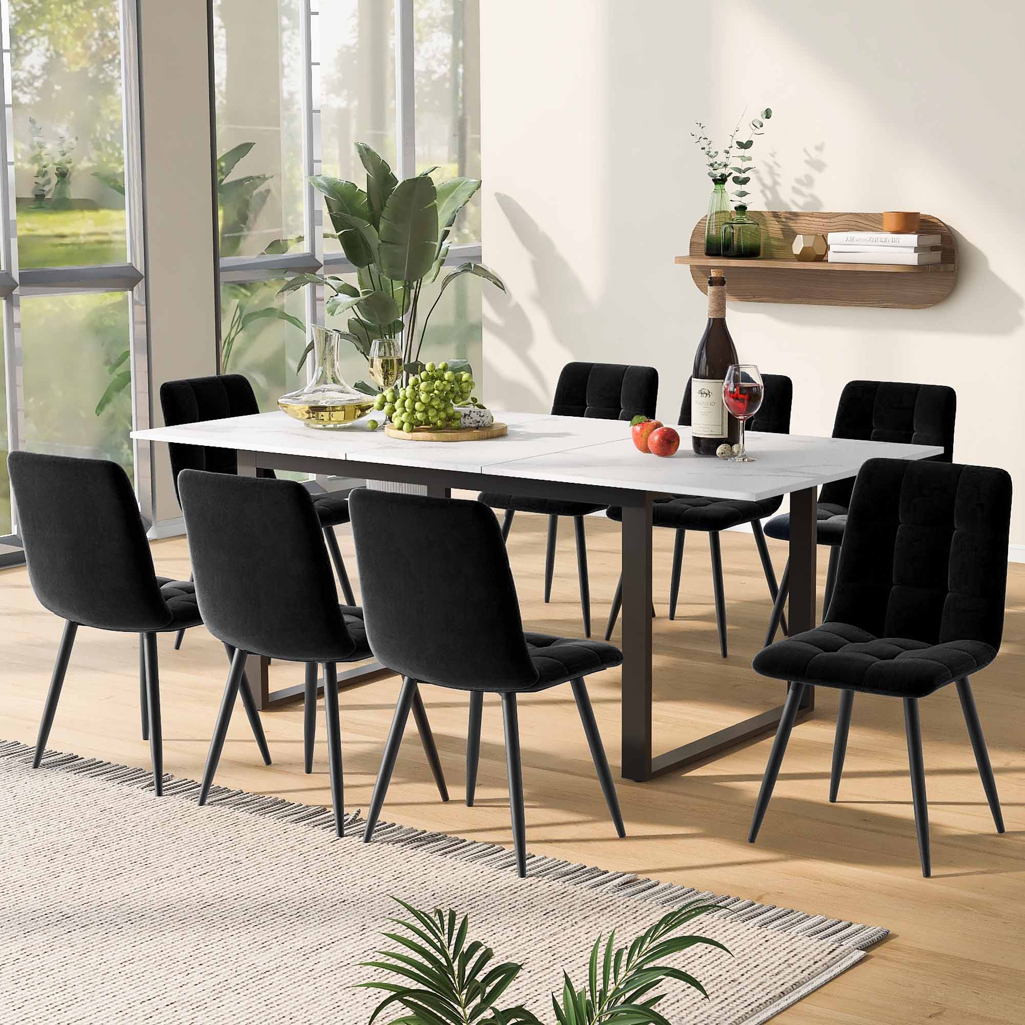 Dining Table Telescopic, 140/180x80x75cm with Iron & Square Tube Legs, White MDF with Marble Pattern