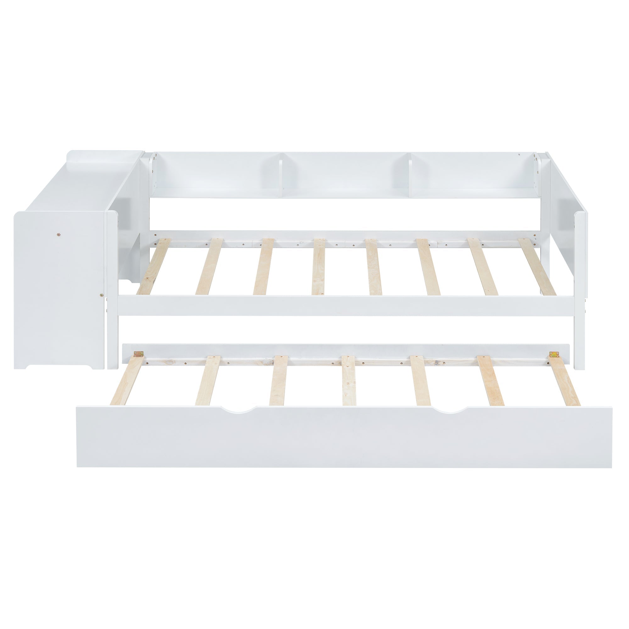 Flat Bed 90x200cm Pull-Out Bed with Desk & 3 Shelves - White