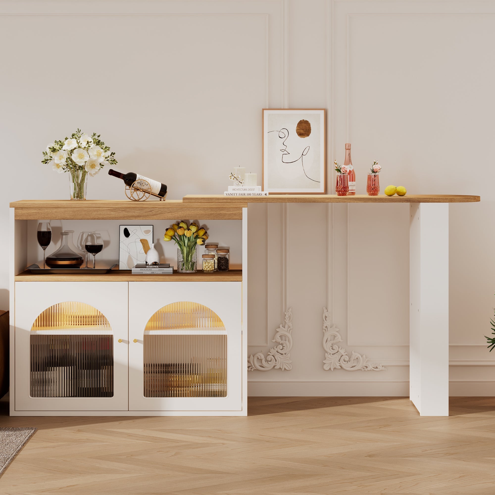 Kitchen Island Table, Extendable with Storage, Bar Bistro, Swivel & LED Strip, White