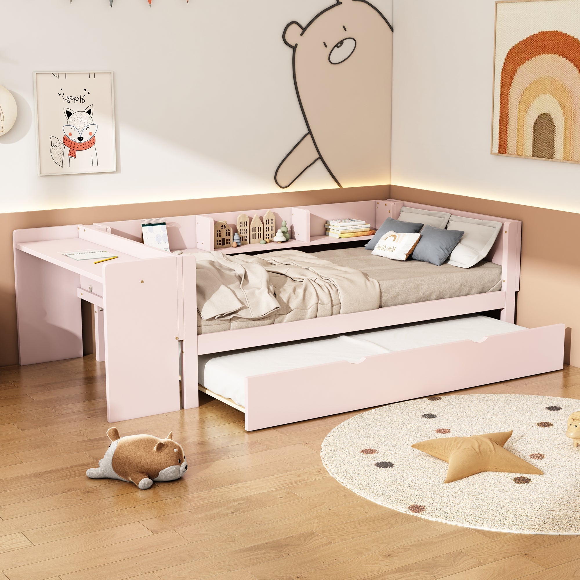Flat Bed 90x200cm Pull-out Desk Storage - Pink