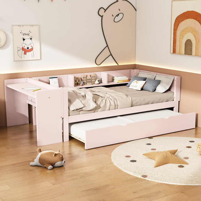 Flat Bed 90x200cm Pull-out Desk Storage - Pink