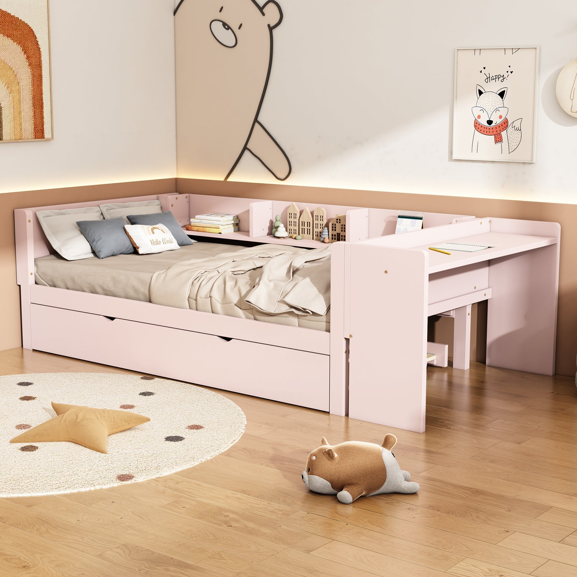 Flat Bed 90x200cm Pull-out Desk Storage - Pink