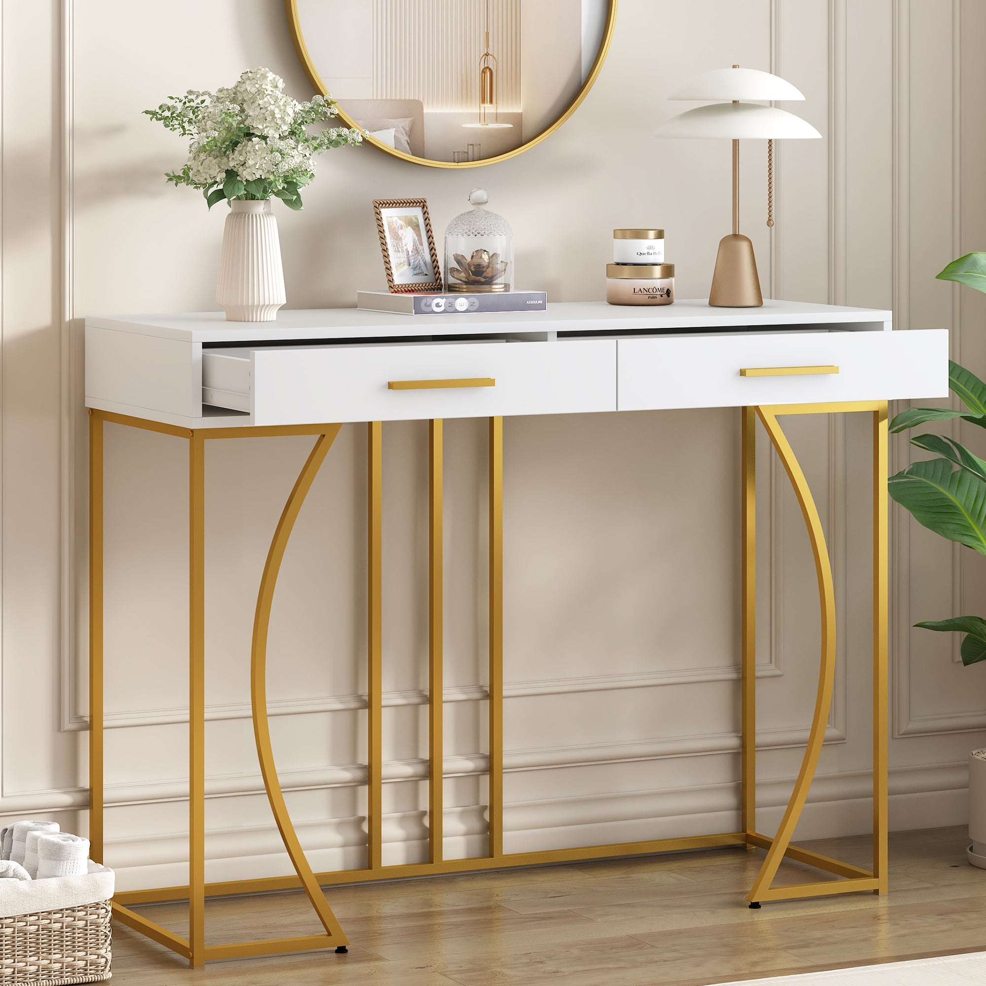 Console Table with 2 Drawers, Light Luxury Style Hallway Side Table, White/Gold