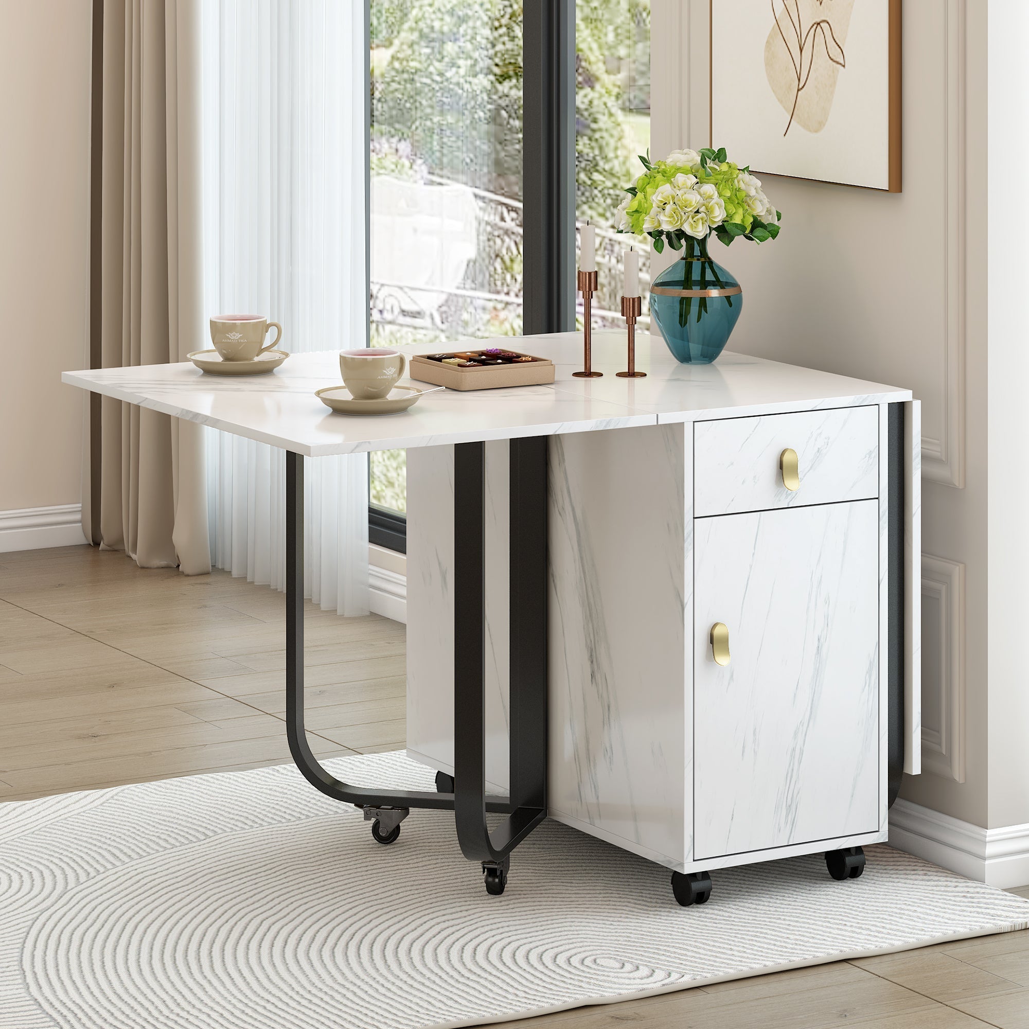 Folding Dining Table with Cupboard, 2 Drawers & Gliders, White/Black
