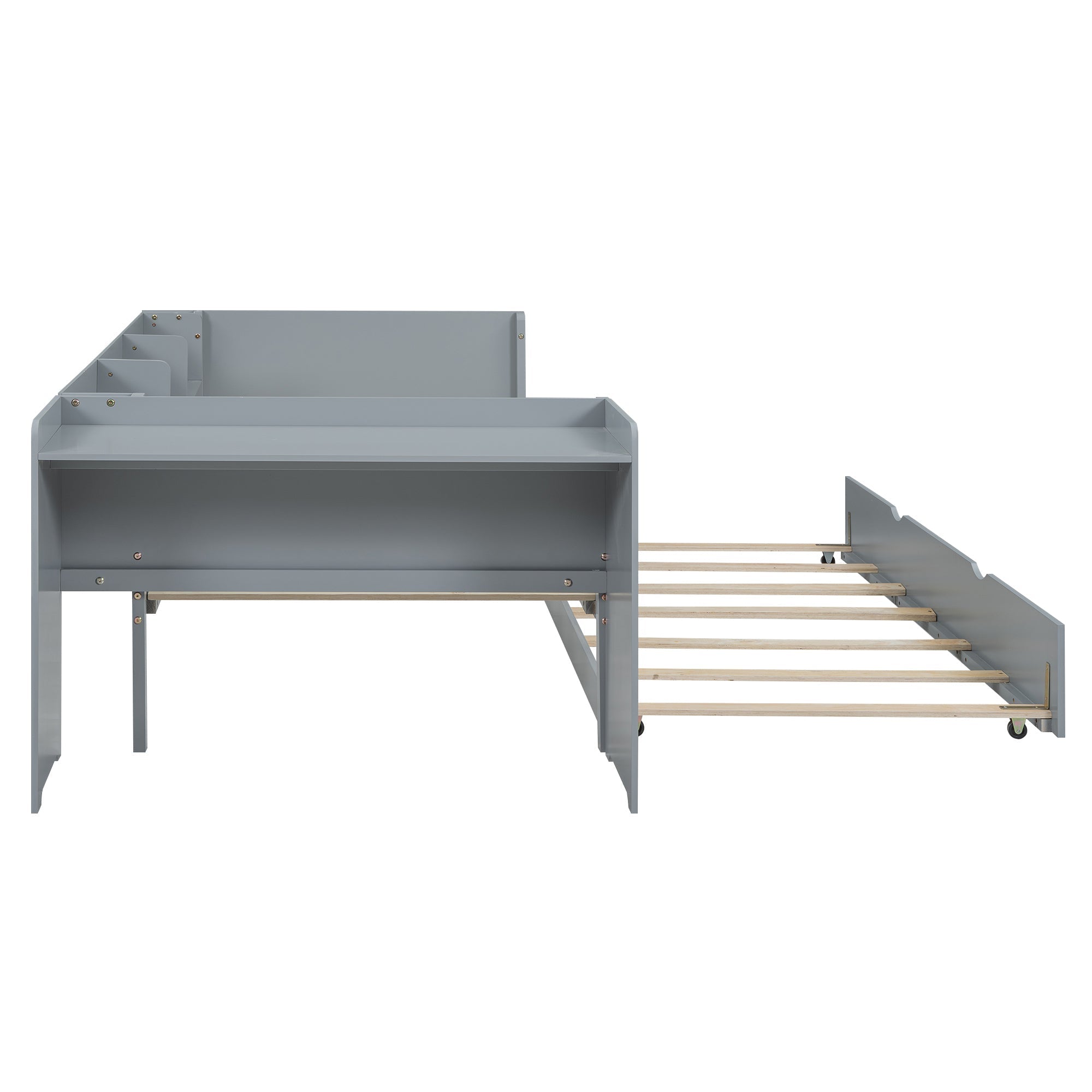 Bed 90x200cm Pull-out Desk 3 Side Shelves - Grey