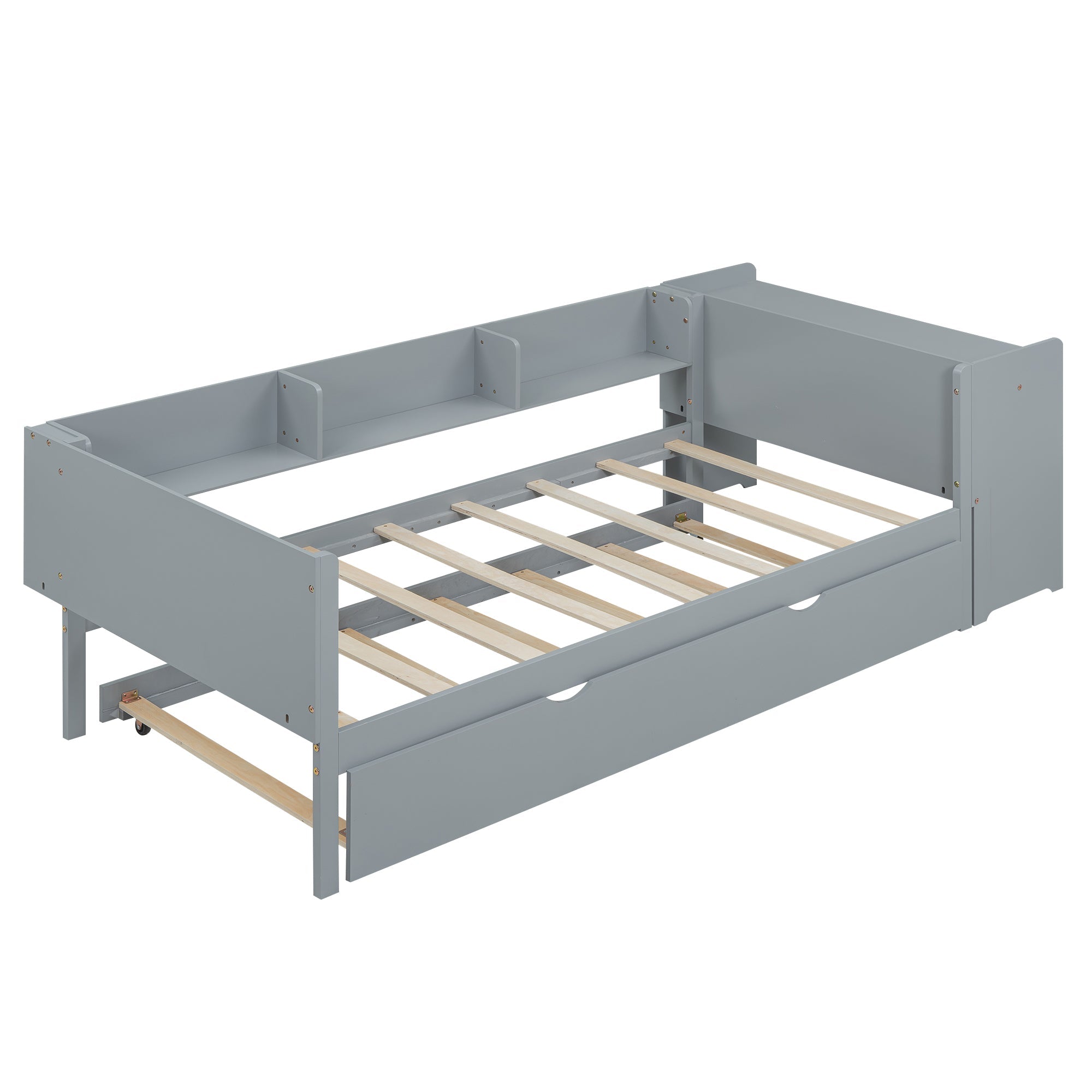 Bed 90x200cm Pull-out Desk 3 Side Shelves - Grey
