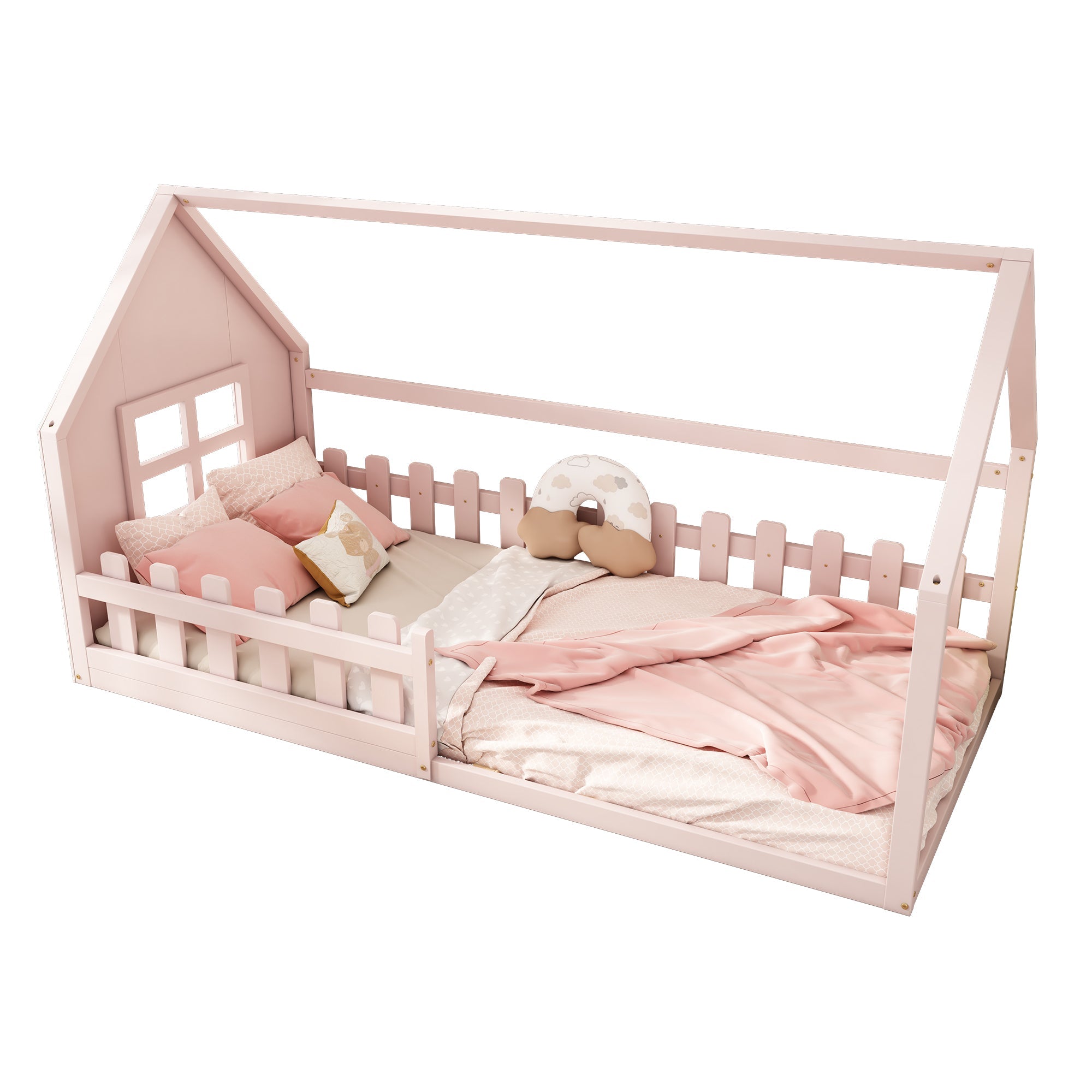 Children's Bed 90x200cm Flat Bed House Rail - Pink