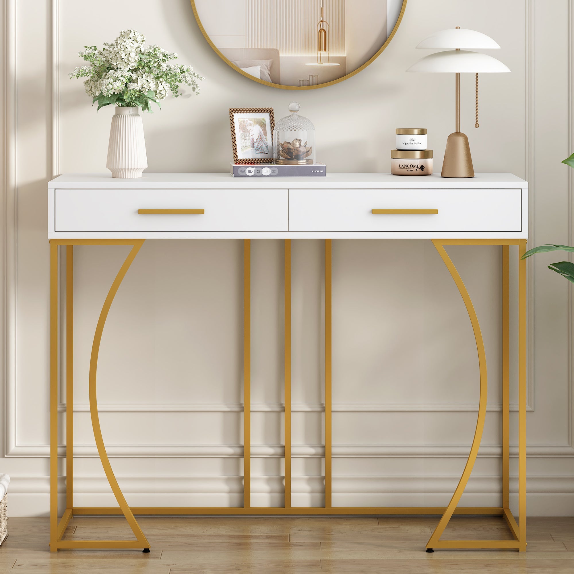 Console Table with 2 Drawers, Light Luxury Style Hallway Side Table, White/Gold