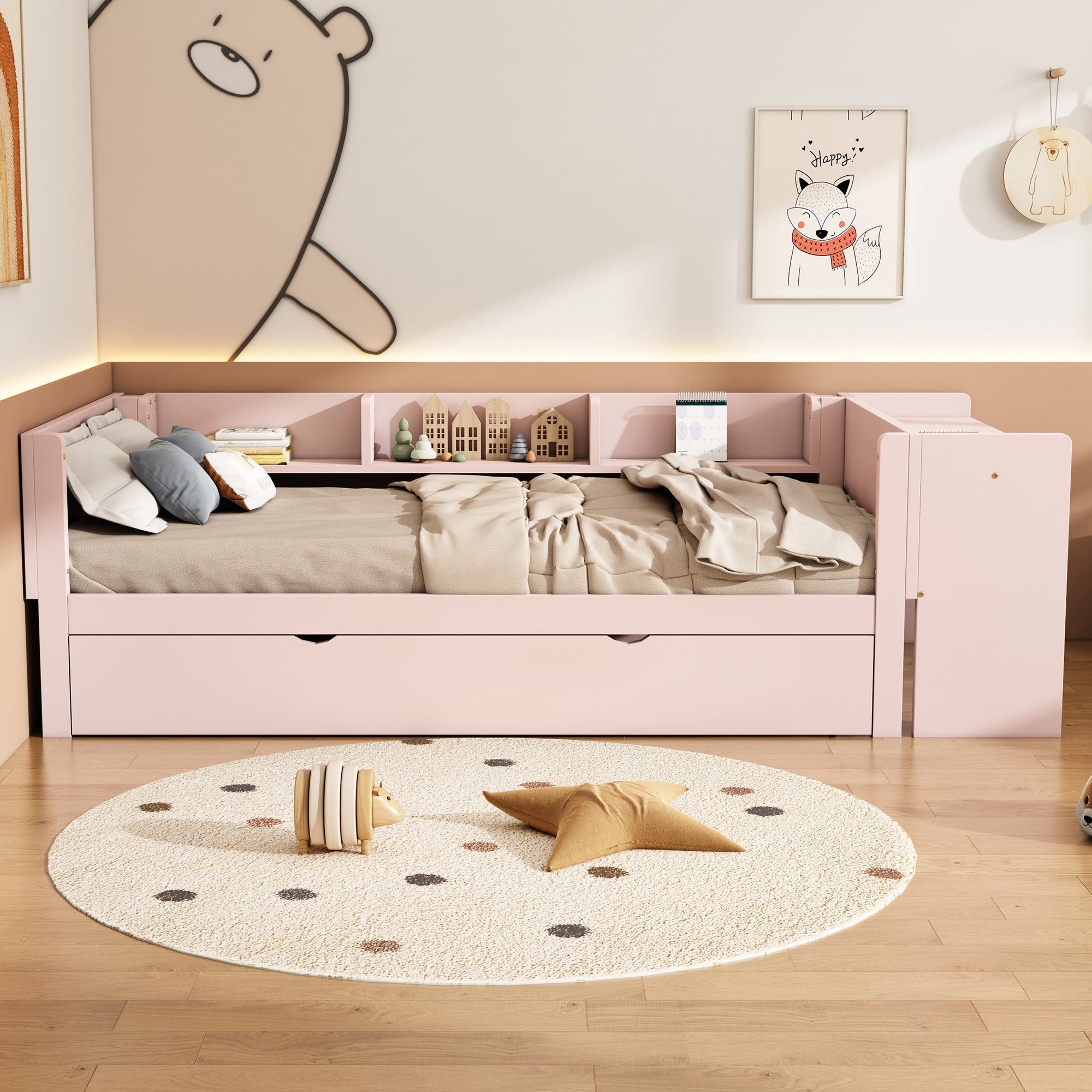 Flat Bed 90x200cm Pull-out Desk Storage - Pink