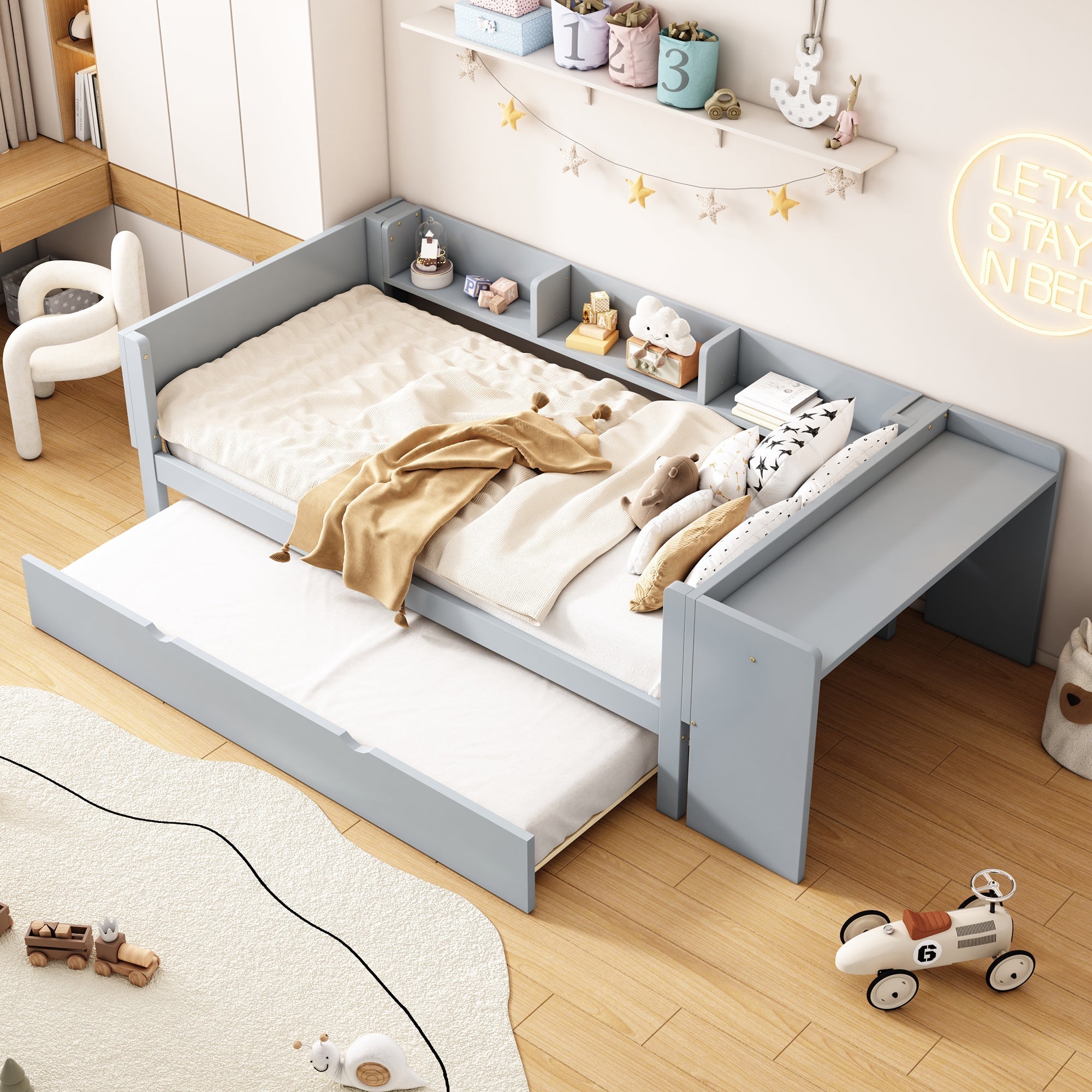 Bed 90x200cm Pull-out Desk 3 Side Shelves - Grey