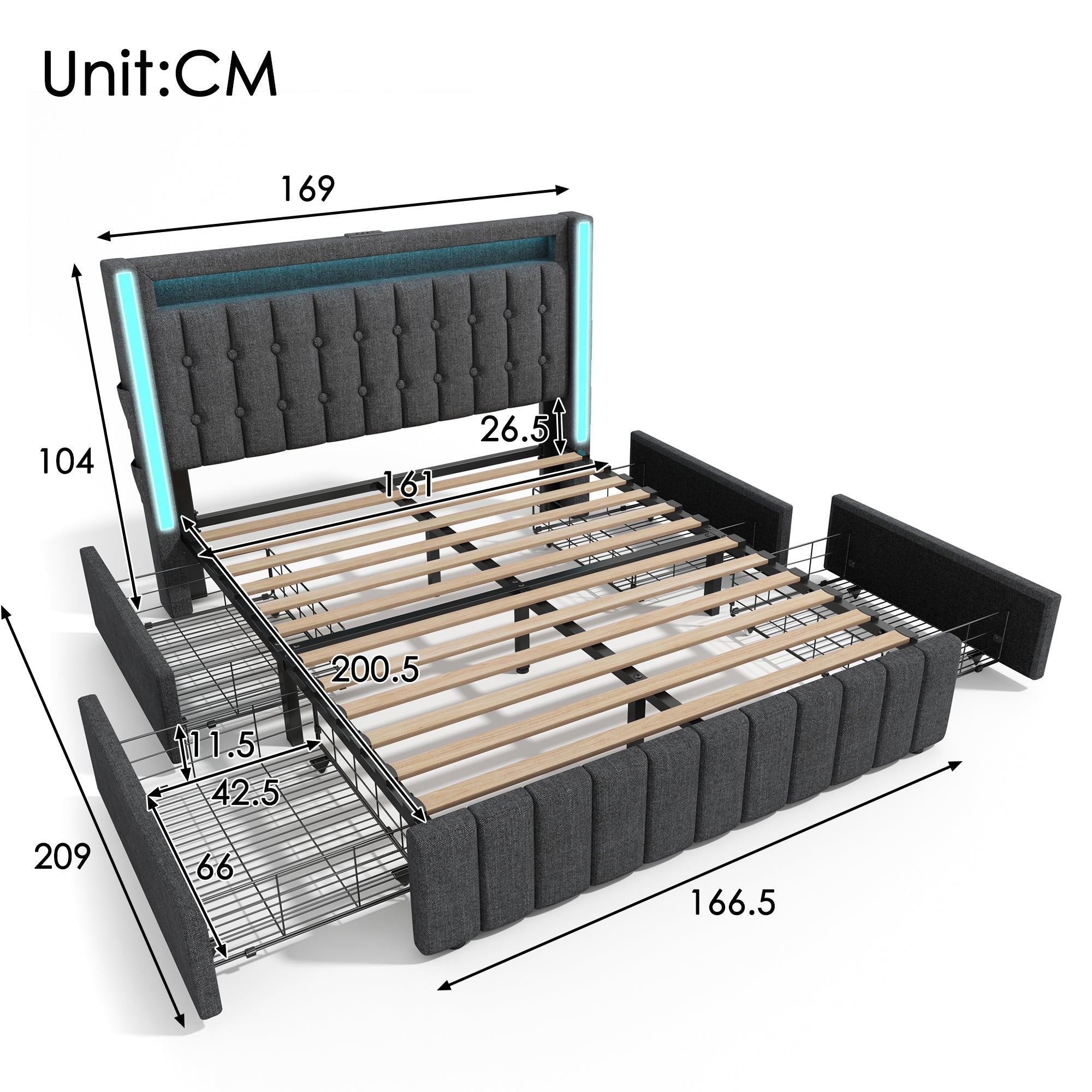 Upholstered Bed, USB C LED 4-Drawer, 160x200cm, Wood Frame, Gray