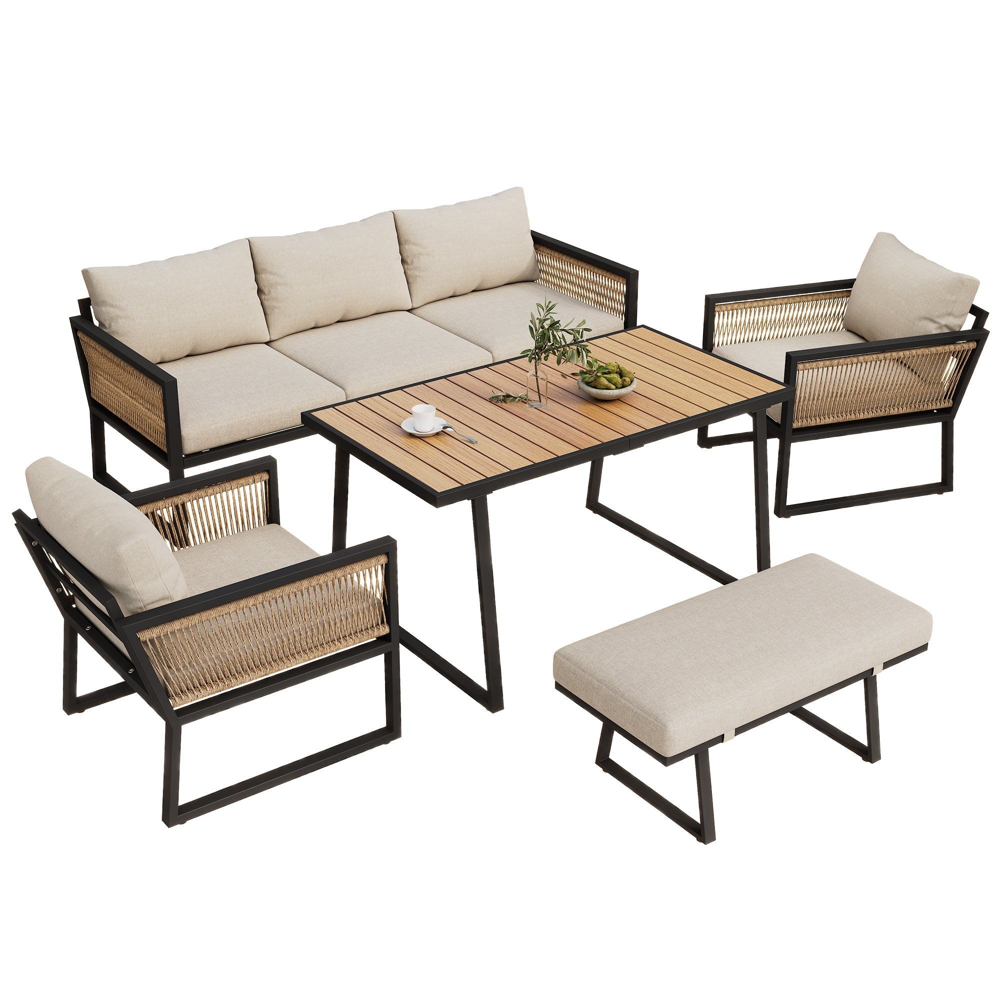 5-Piece Garden Dining Set with 3-Seater Sofa, 2 Armchairs, Stool and Table, Woven Rope and Steel, Beige
