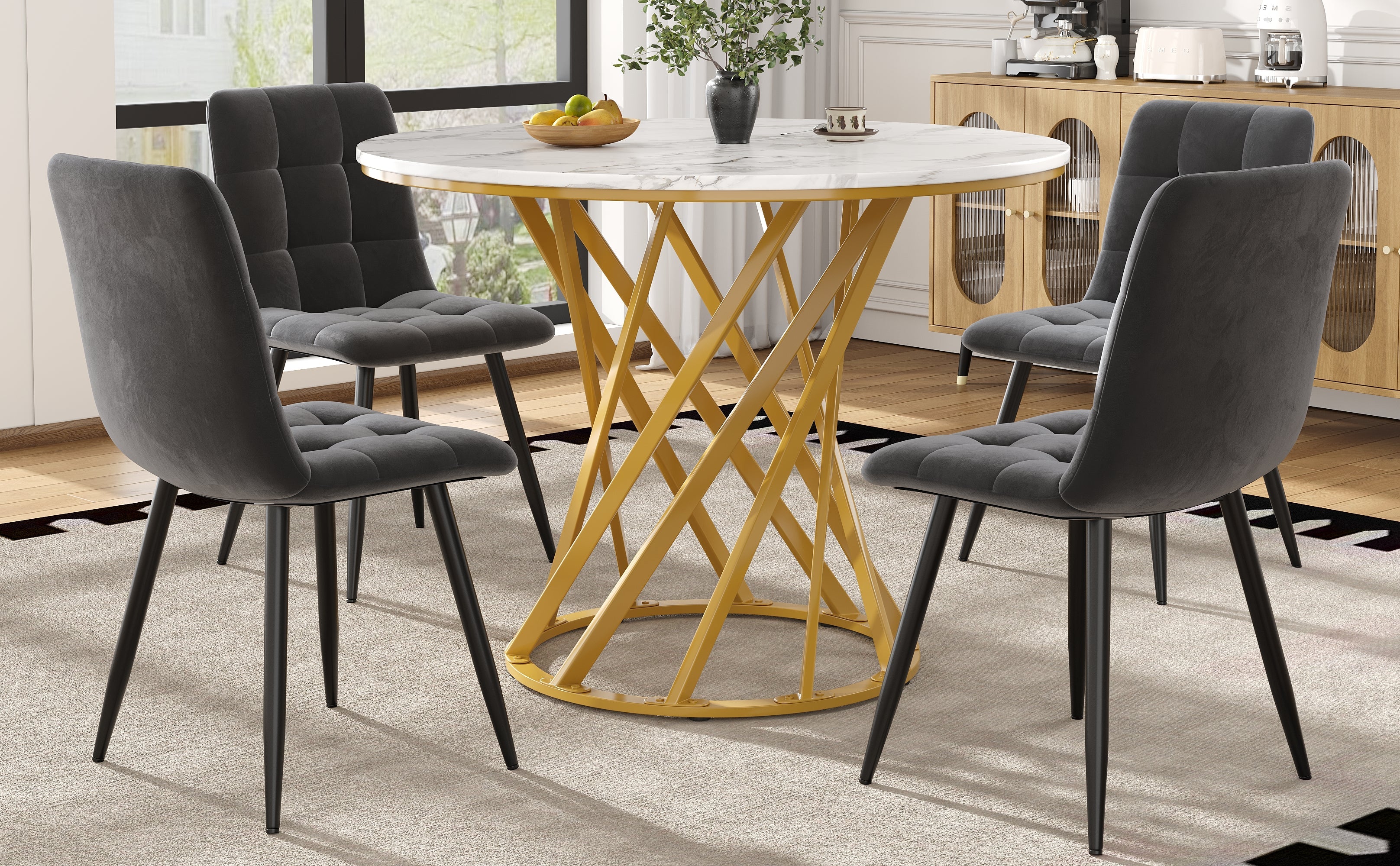 5-Piece Dining Set, Round 80cm Kitchen Table Gold Metal Legs, Dark Grey Velvet / White MDF