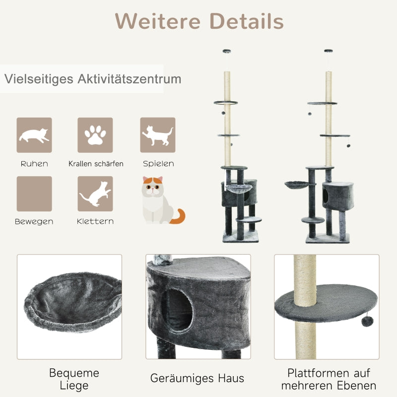 Katzenkratzbaum, mehrstufig mit Spielbällen, Hängematte, Sisalstämmen, Dunkelgrau