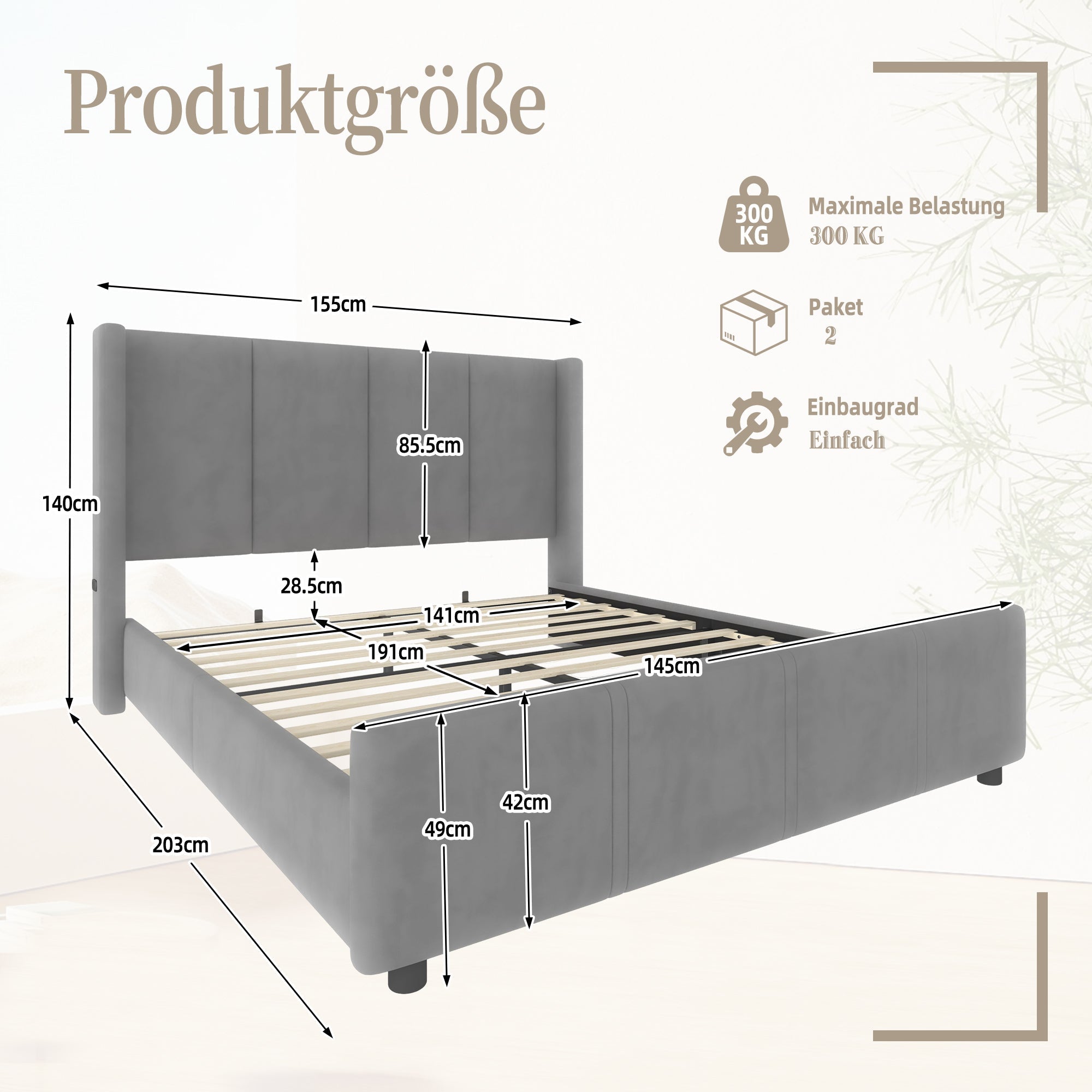 Upholstered Bed Frame, 140x190cm High Headboard & Footboard with USB Port, Grey