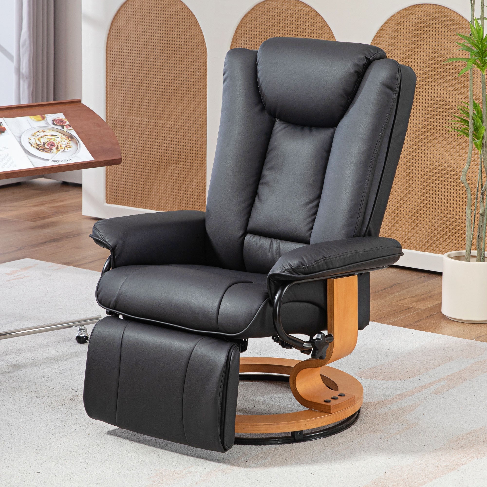 Swivel Recliner TV Chair, Footrest 150 kg Capacity, Faux Leather Black