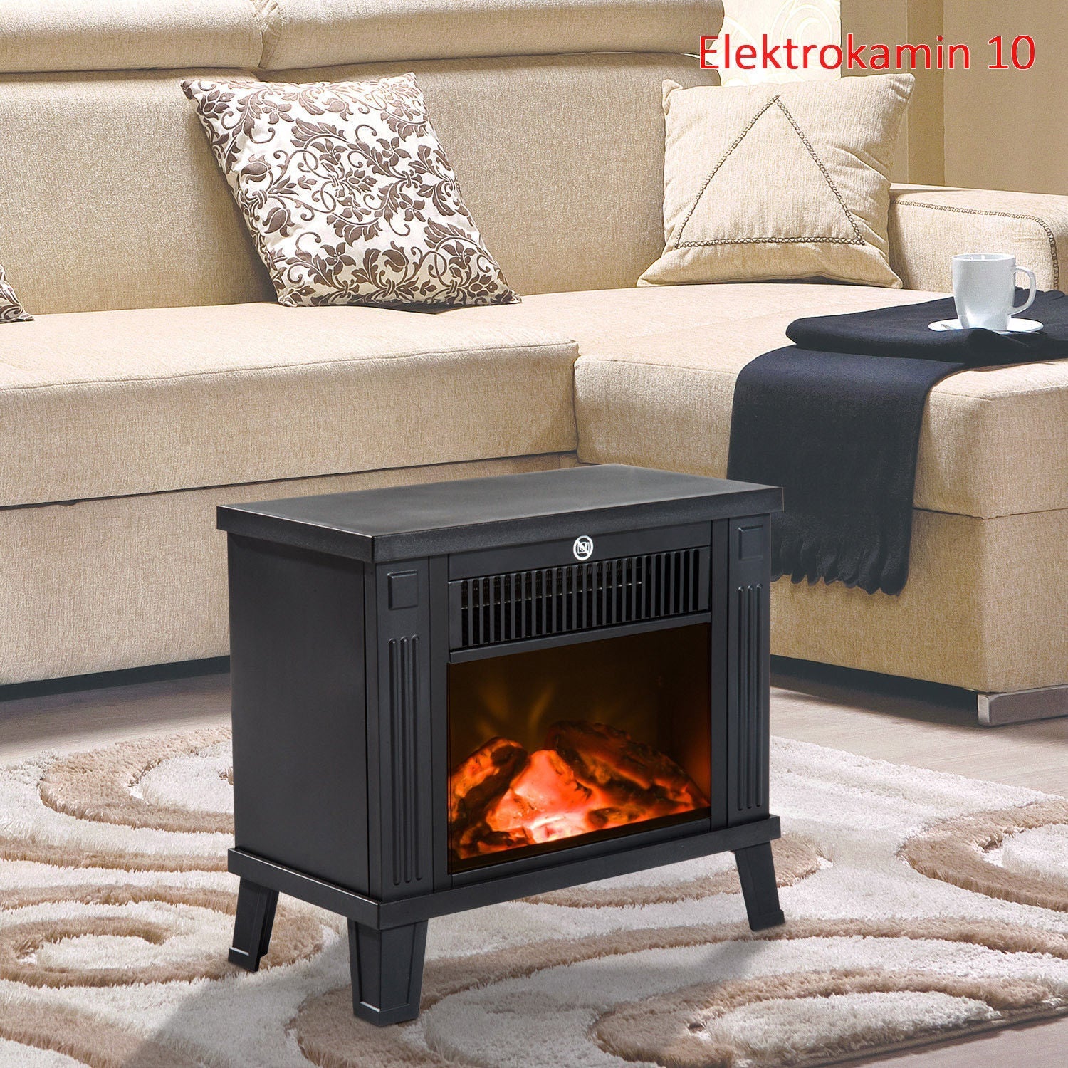 Elektrischer Kamin stehend, Flammeneffekt, 600/1200W, Metall Schwarz