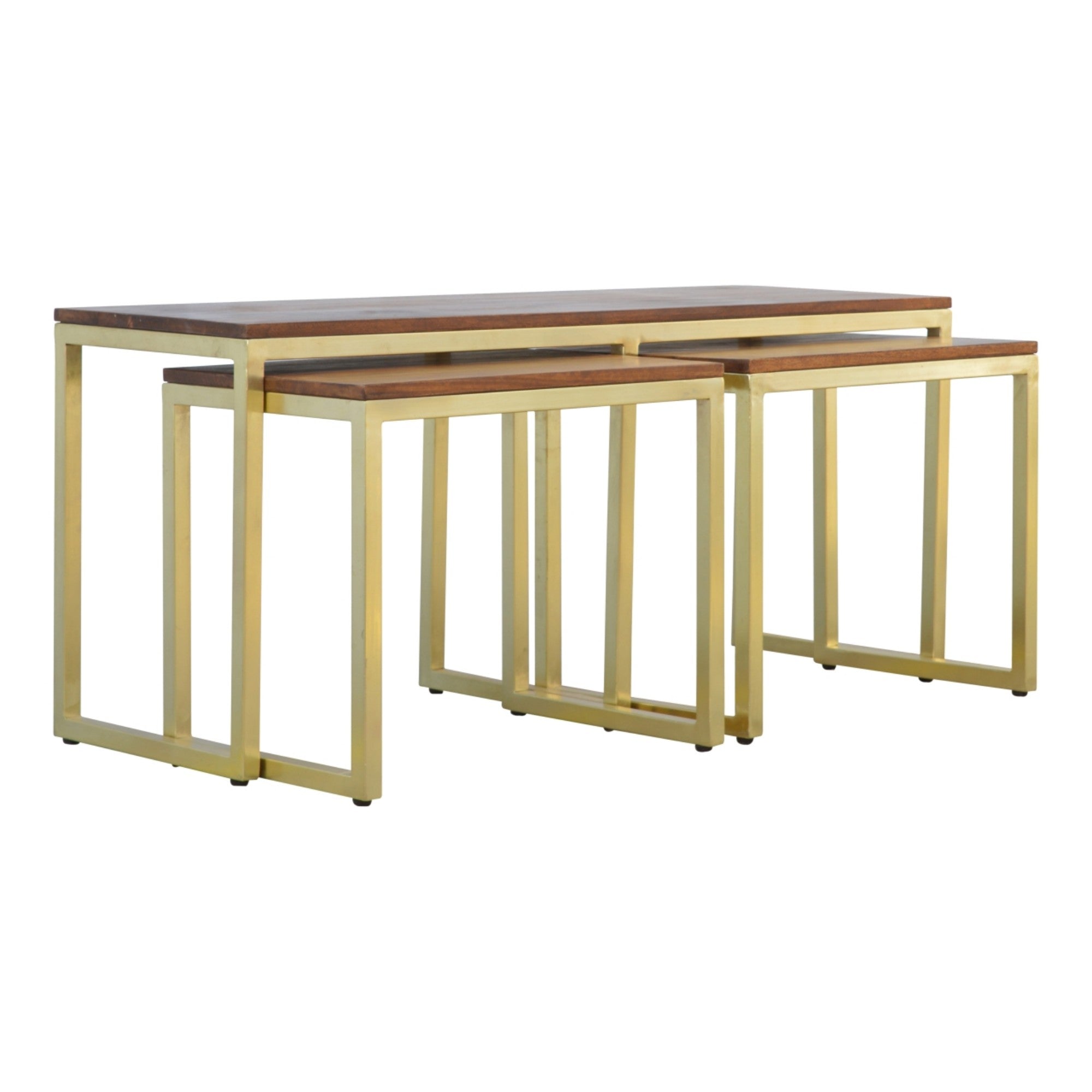 Solid Wood Table Set of 3, Metal Chunky Gold, Solid Wood
