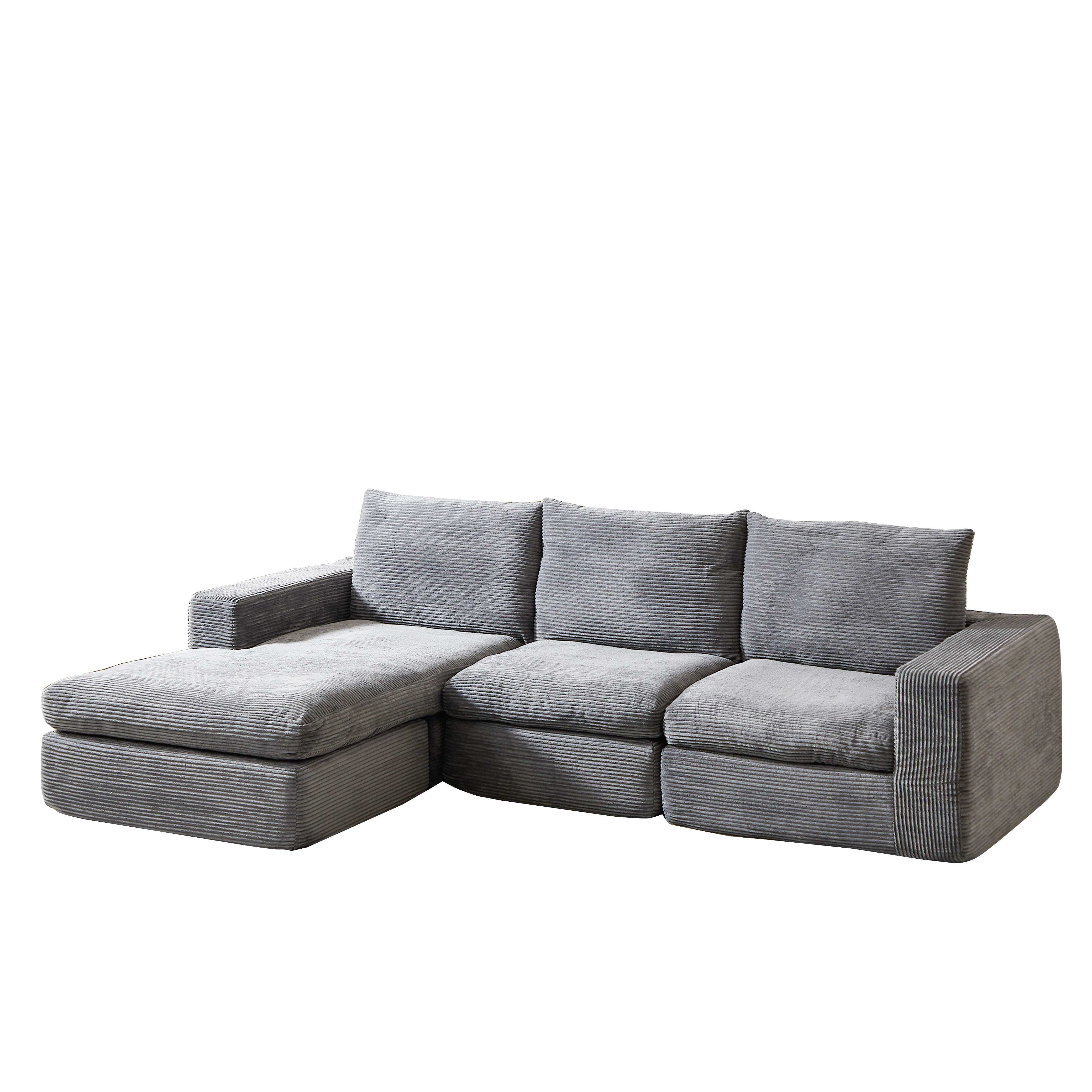 Boneless Couch with Chaise, L-Shaped Modern Upholstered Sofa, Three Cushions, No Assembly Required, Corduroy