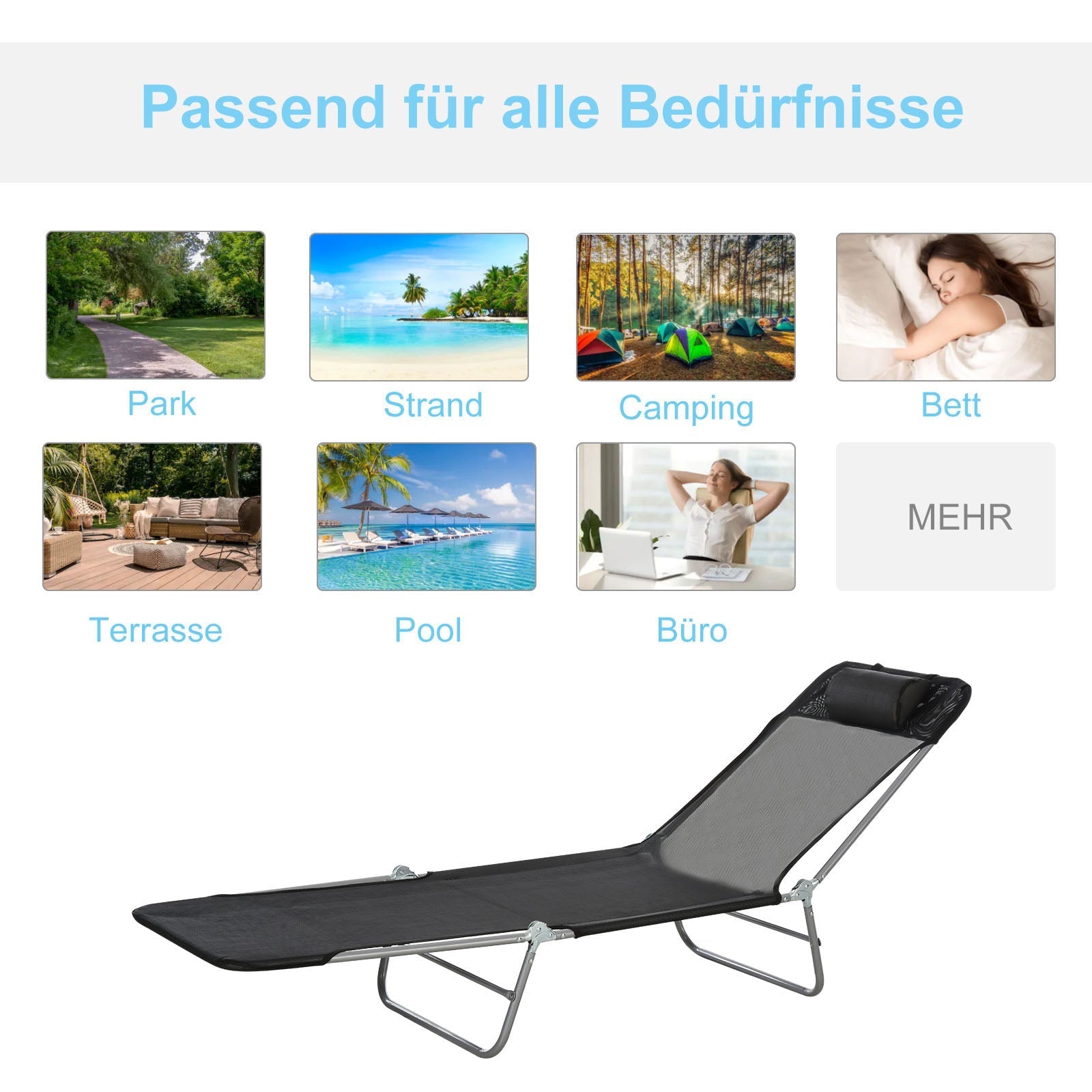 Sun Lounger Relax Lounger 2-Legged Foldable for Garden Black