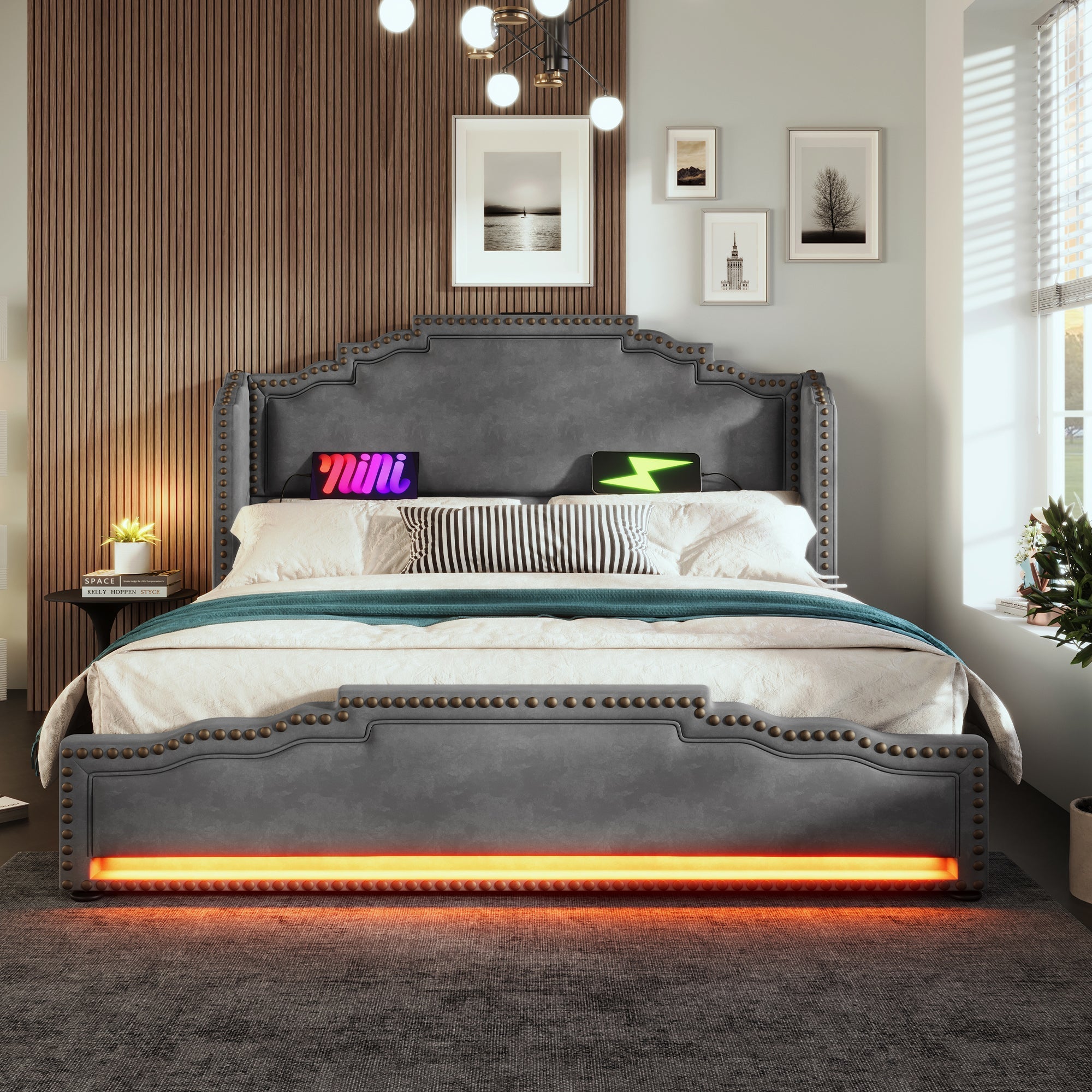 Upholstered Bed 160x200, 4 Drawers, LED, USB-C, Slatted Frame, Velvet Grey