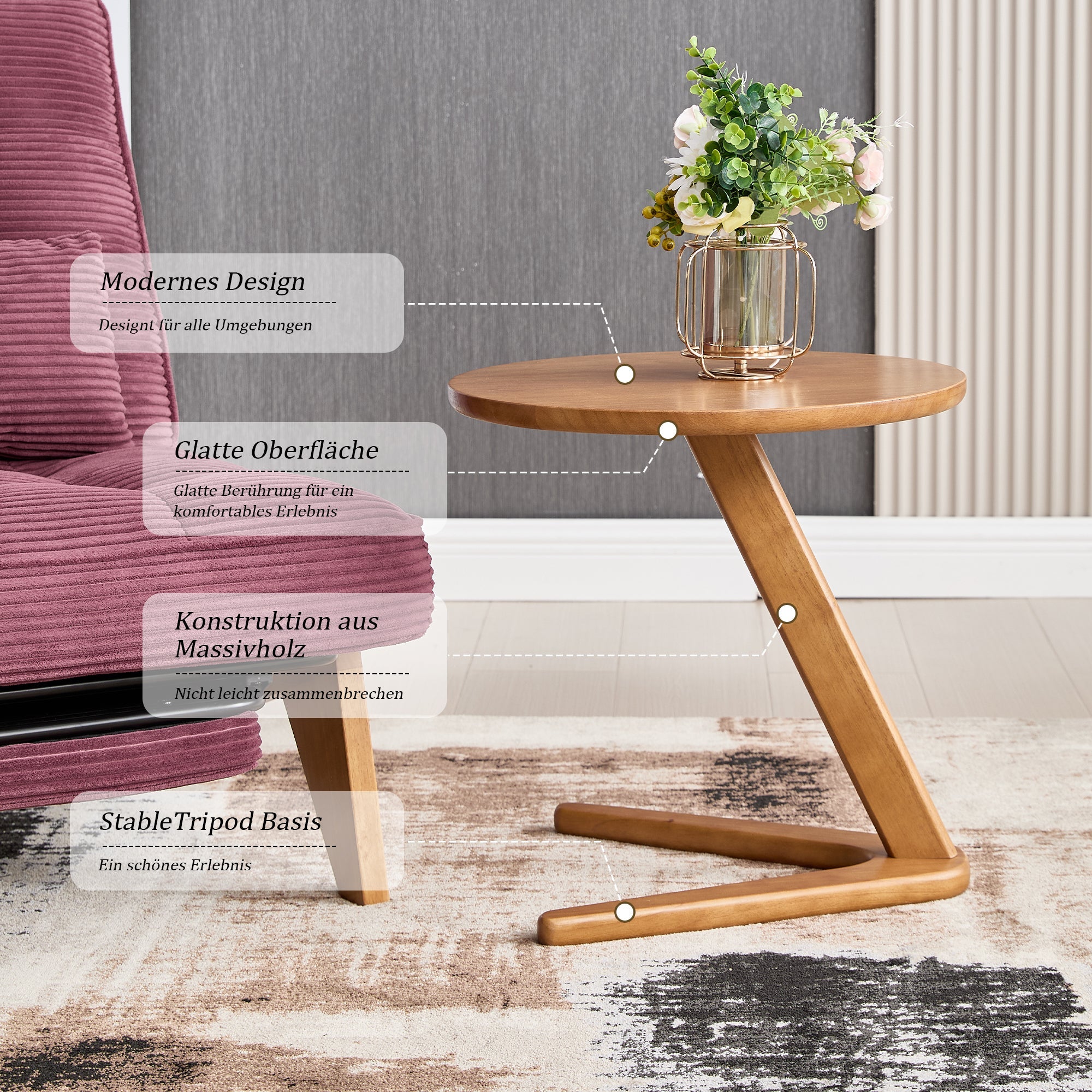 Round Wooden Table, Modern Minimalist Sofa Side TV Table for Small Spaces, Solid Wood