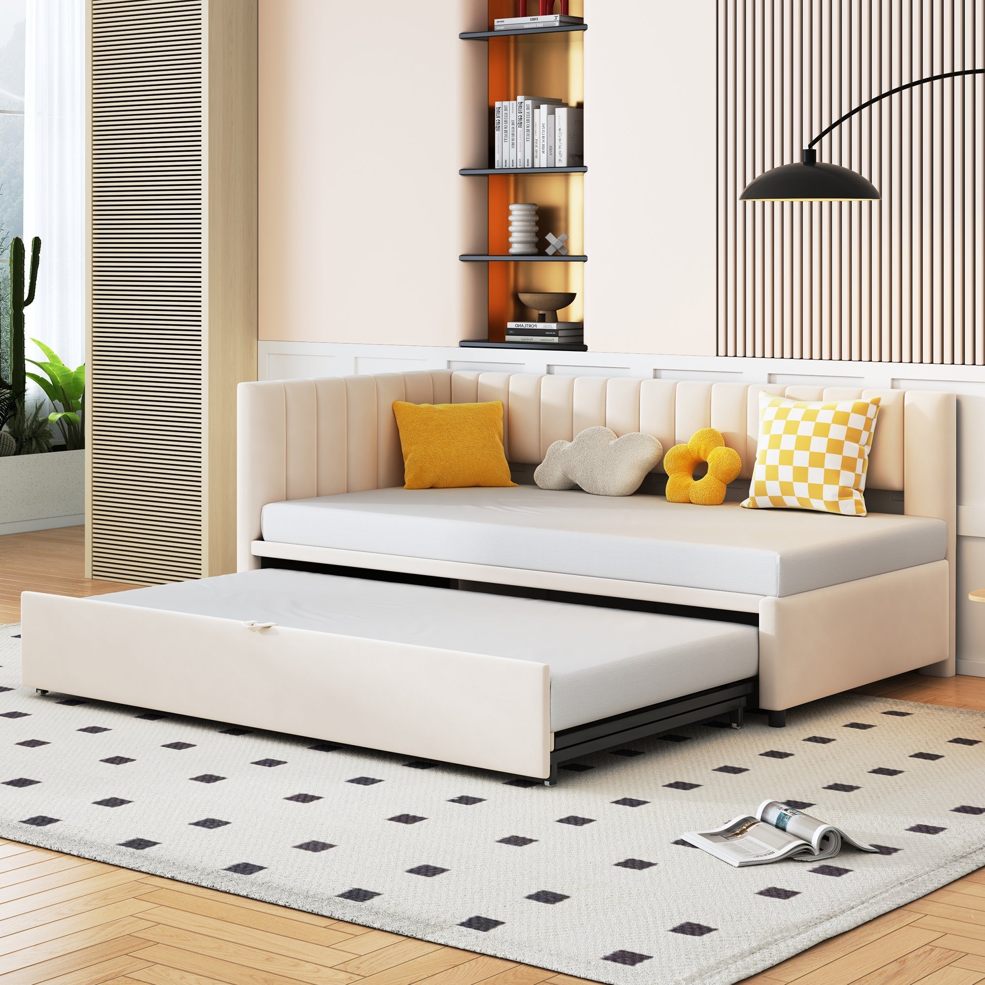 Sofa Bed, L-shaped Pull-out 90/180*200cm, Velvet Beige