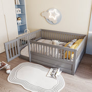 Children's Bed 140 x 200 cm, Wooden Frame with Bars & Door, Grey