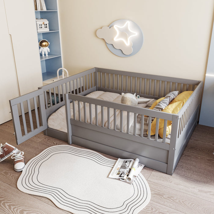 Children's Bed 140 x 200 cm, Wooden Frame with Bars & Door, Grey