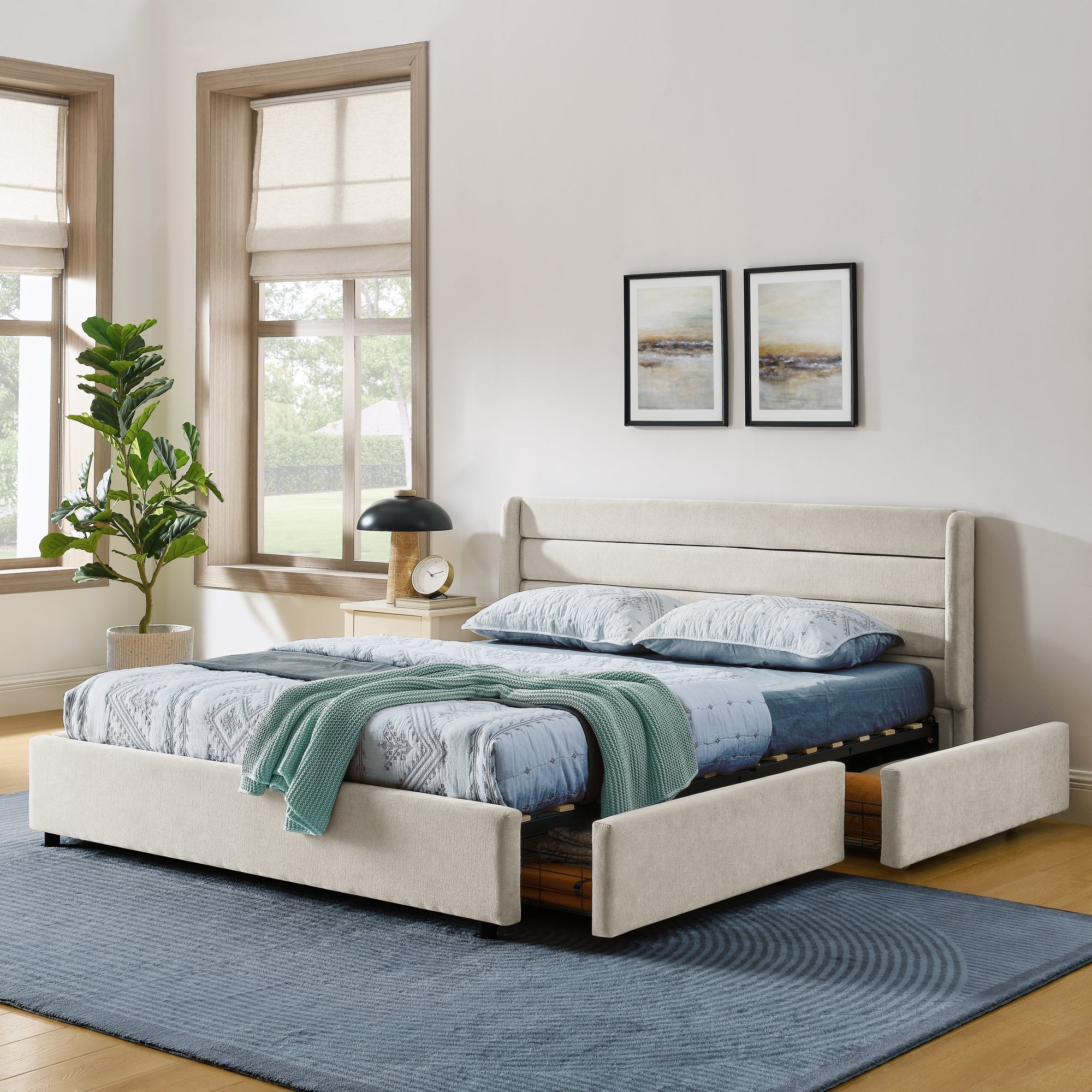 Double Bed 140x200cm 4 Storage Drawers Chenille - Beige