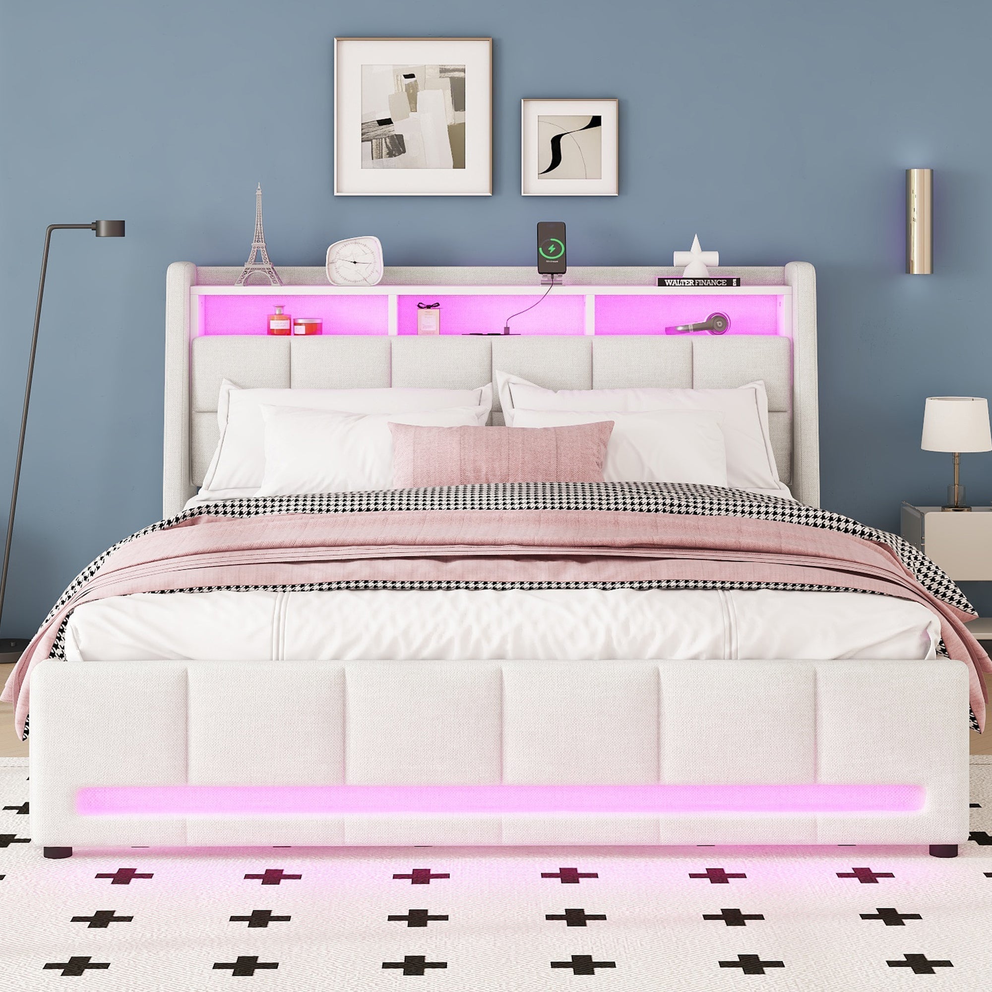 Upholstered Bed 160x200cm LED App Control Drawers USB Storage - Linen Beige