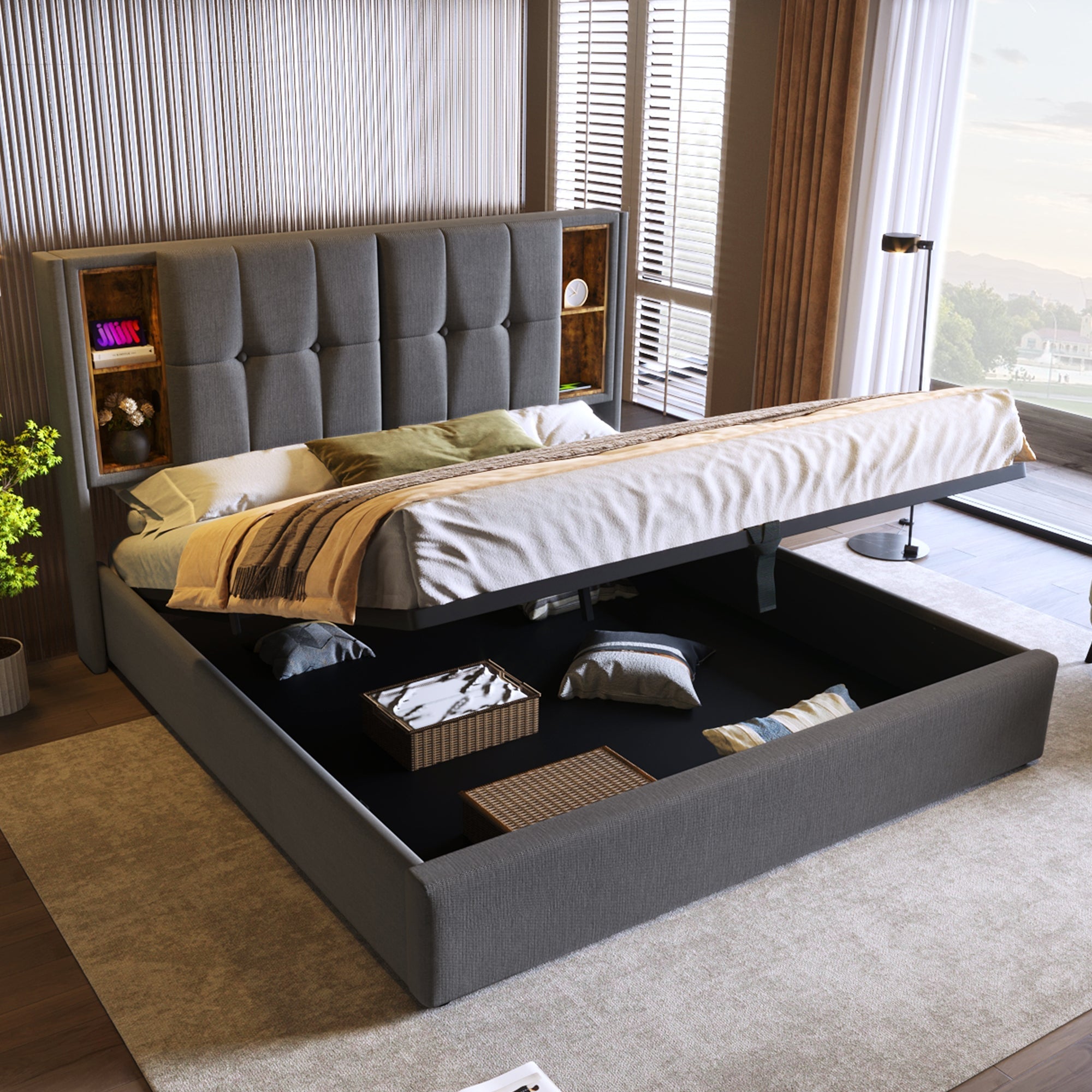 Double Bed with Wireless Charging USB C, 140x200cm, Storage, Wood-Grey Cotton