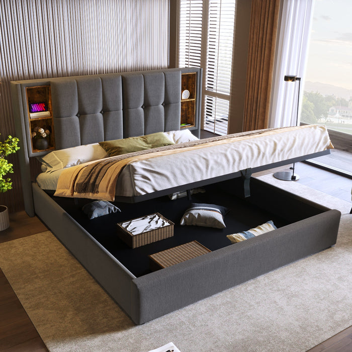 Double Bed with Wireless Charging & Storage, 160x200cm Upholstered, Grey Cotton