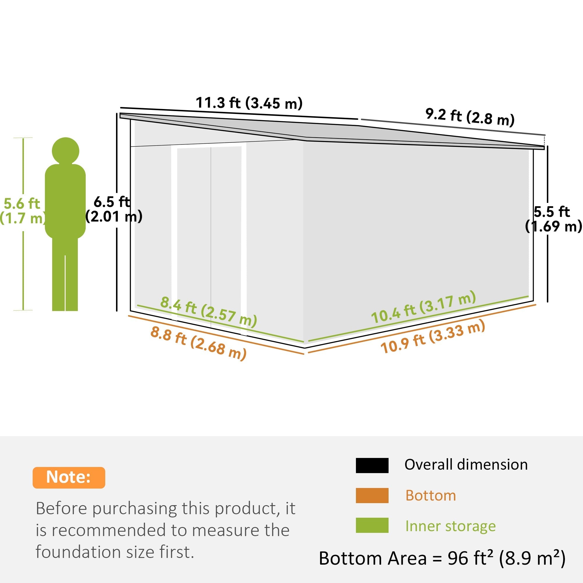 Garden Metal Storage Shed Double Sliding Doors 2 Air Vents 11.3x9.2ft Green