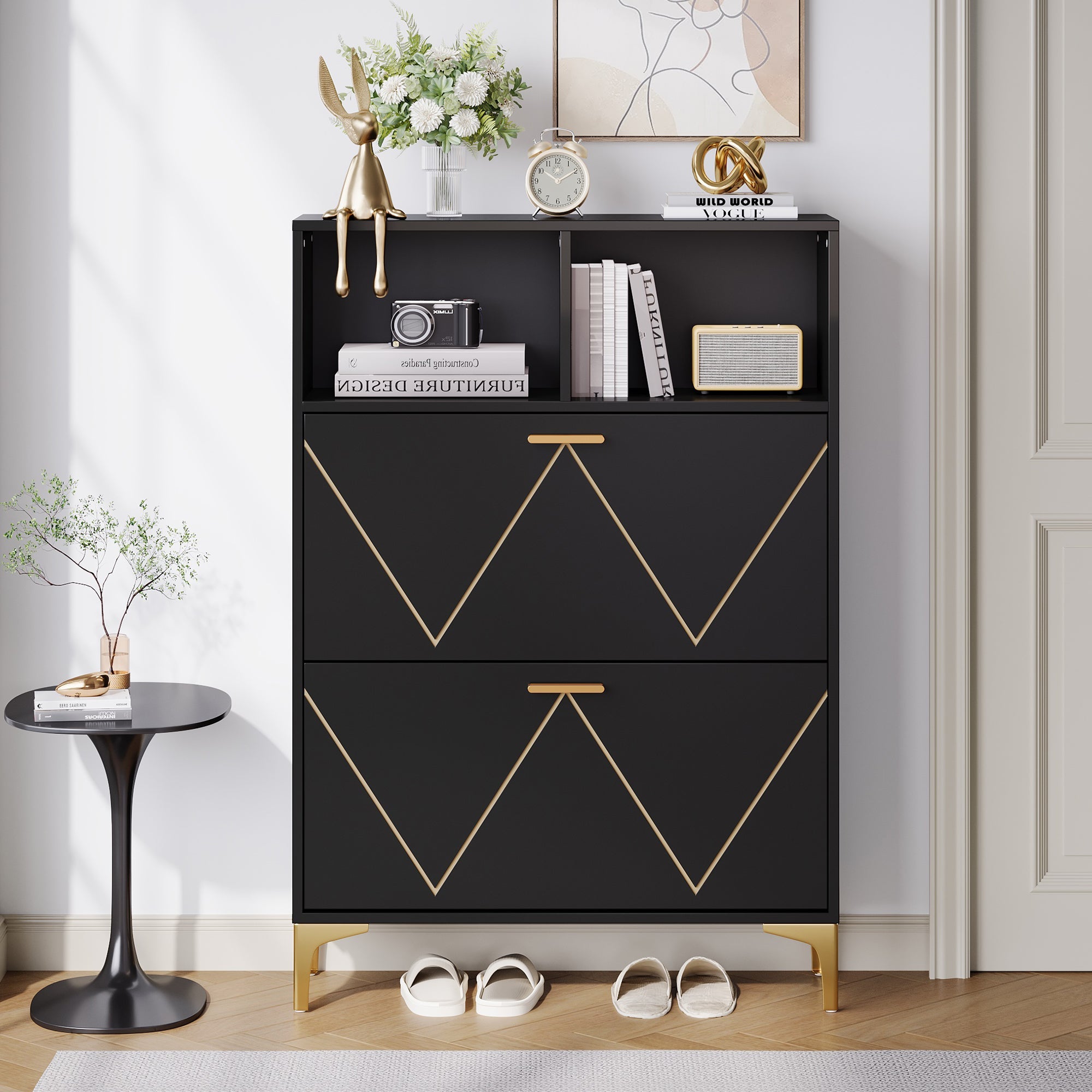 Shoe Cabinet 80x25x117cm Drop-Down Doors Storage Shelves Raised Legs, MDF+Metal